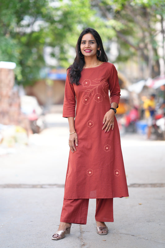 Rust Orange Color Slub Cotton Office Wear Cord Set With Thread Work