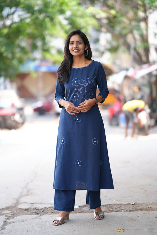 Navy Blue Color Slub Cotton Office Wear Cord Set With Thread Work