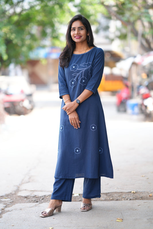Navy Blue Color Slub Cotton Office Wear Cord Set With Thread Work