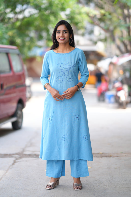 Sky Blue Color Slub Cotton Office Wear Cord Set With Thread Work