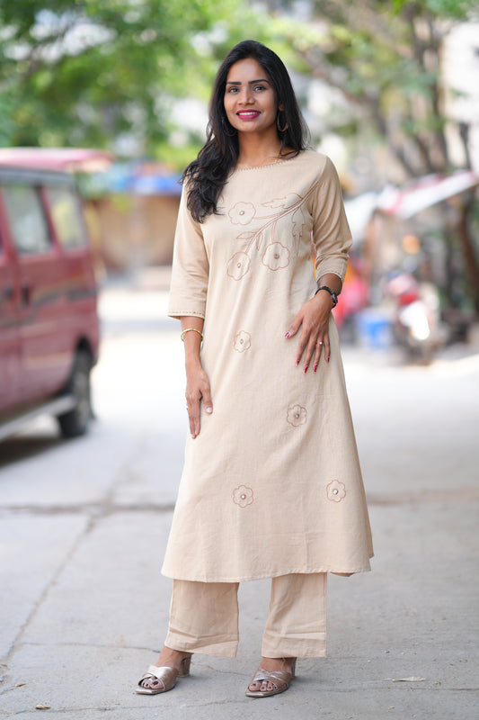Beige Color Slub Cotton Office Wear Cord Set With Thread Work