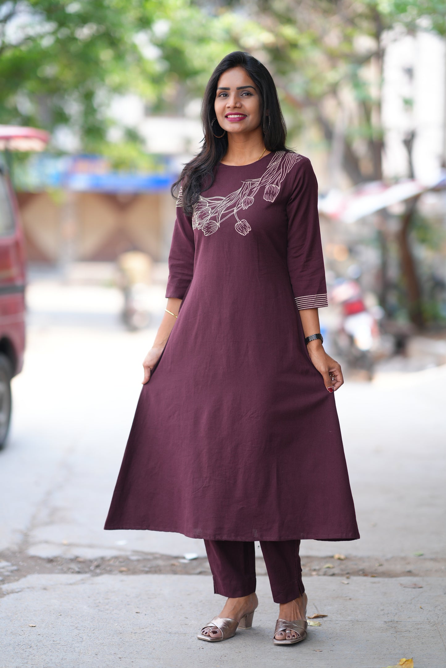 Wine Shade Jaipur Flex Cotton Stylish Cord Set With Embroidery work