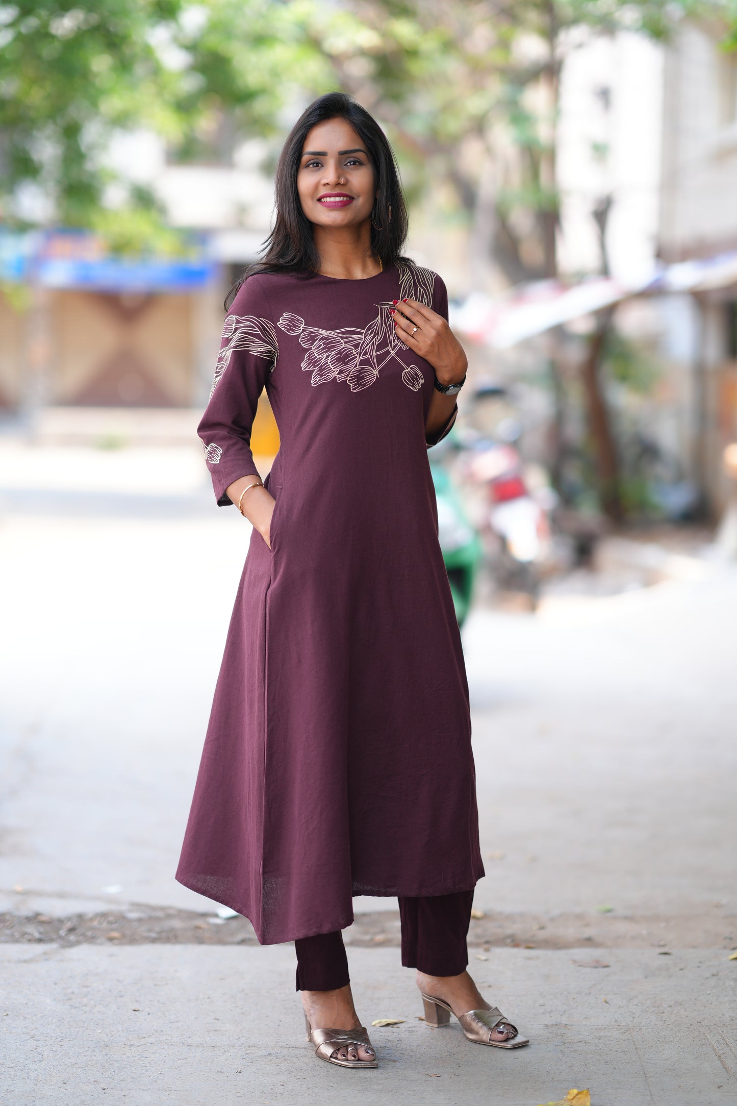 Wine Shade Jaipur Flex Cotton Stylish Cord Set With Embroidery work