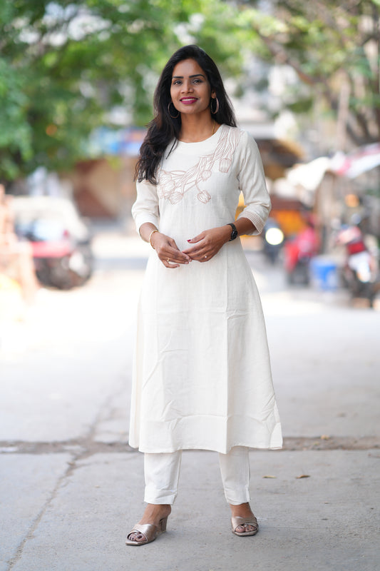 White Color Flex Cotton Cord Set With Embroidery work