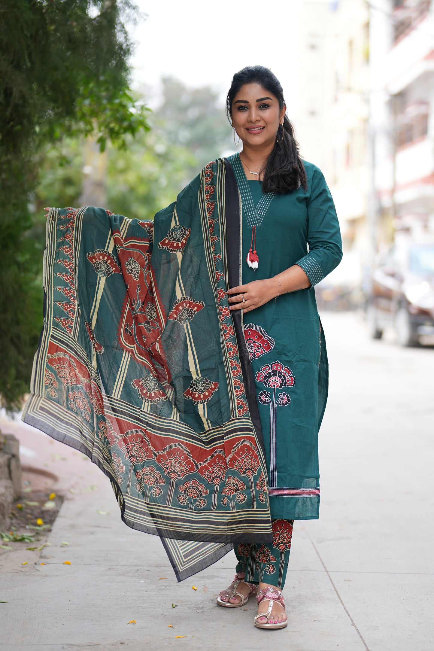 Bottle Green Color Pure Jaipur Cotton Semi Party Wear 3 Piece Set With Lining