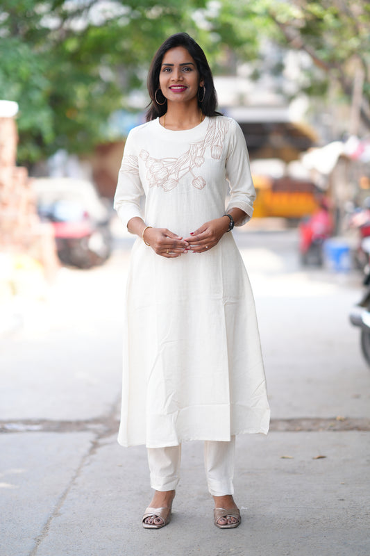 White Color Flex Cotton Cord Set With Embroidery work