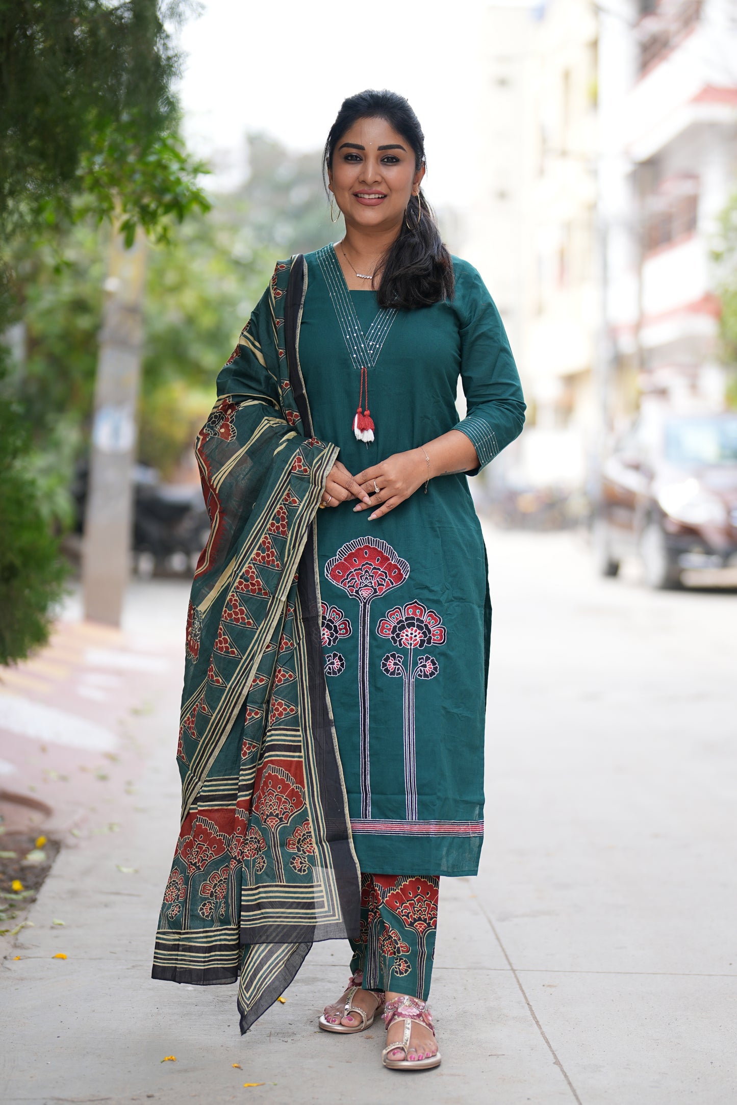 Bottle Green Color Pure Jaipur Cotton Semi Party Wear 3 Piece Set With Lining