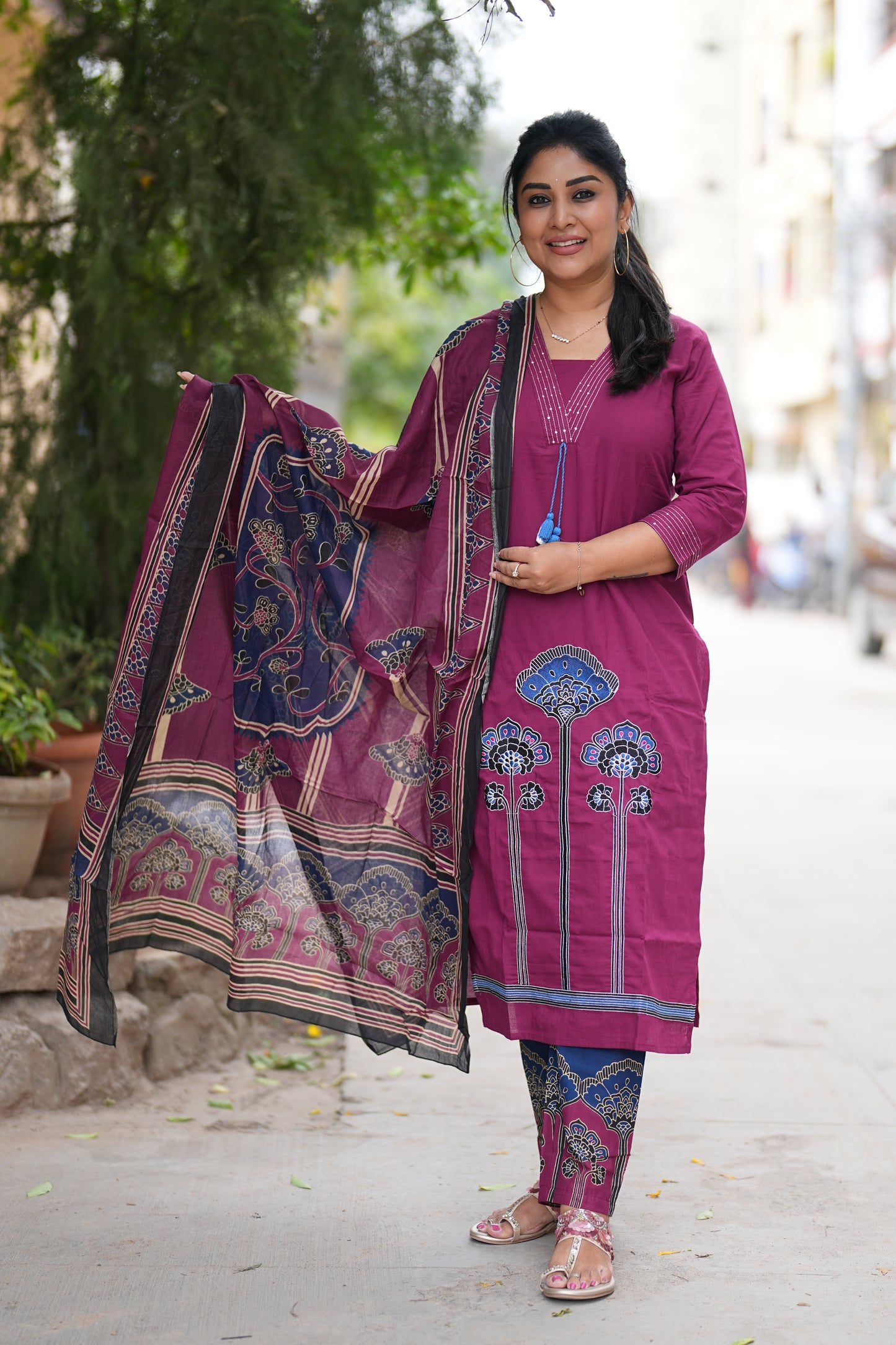 Wine Magenta Color Pure Jaipur Cotton Semi Party Wear 3 Piece Set With Lining