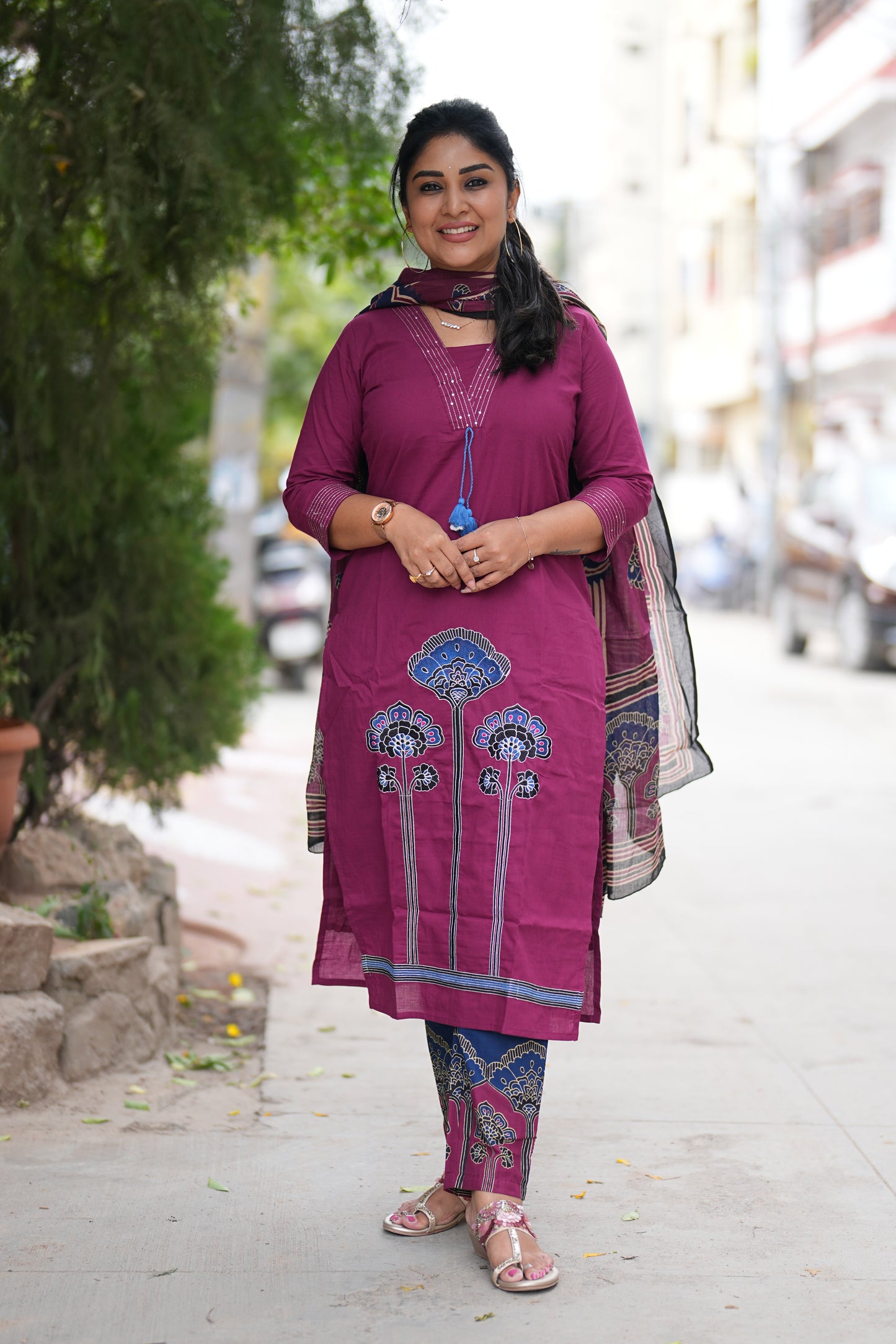 Wine Magenta Color Pure Jaipur Cotton Semi Party Wear 3 Piece Set With Lining