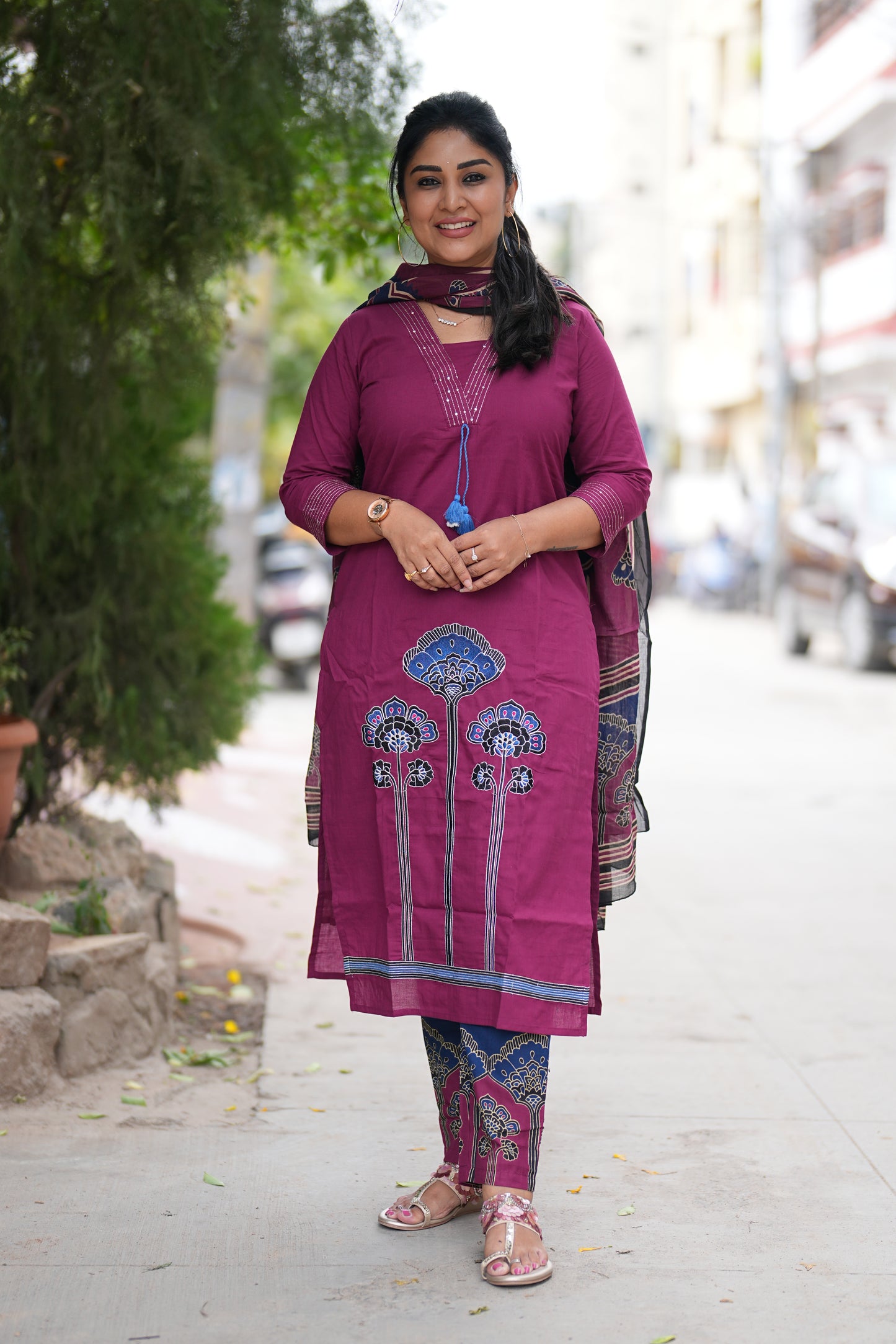 Wine Magenta Color Pure Jaipur Cotton Semi Party Wear 3 Piece Set With Lining