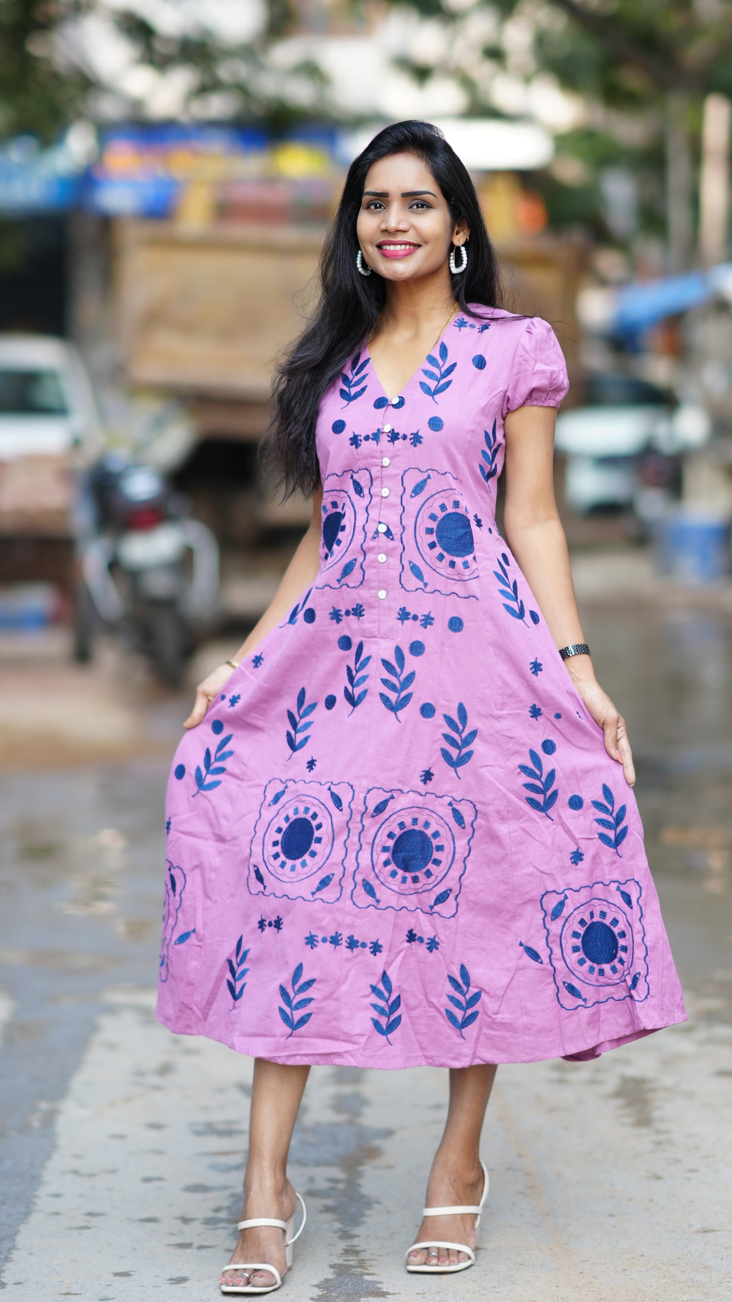 Light Purple Shade Premium Mul Cotton Frock With Hand Embroidery and Complete Lining