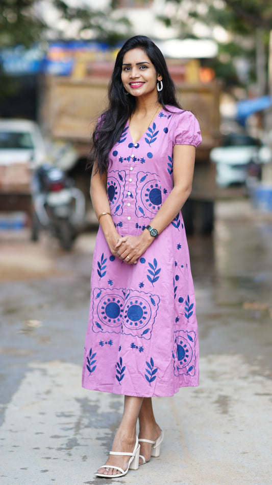 Light Purple Shade Premium Mul Cotton Frock With Hand Embroidery and Complete Lining