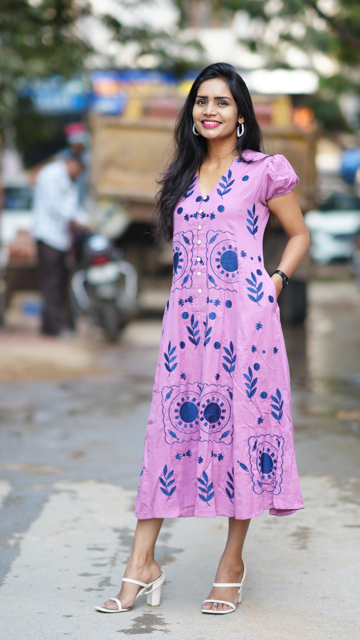 Light Purple Shade Premium Mul Cotton Frock With Hand Embroidery and Complete Lining