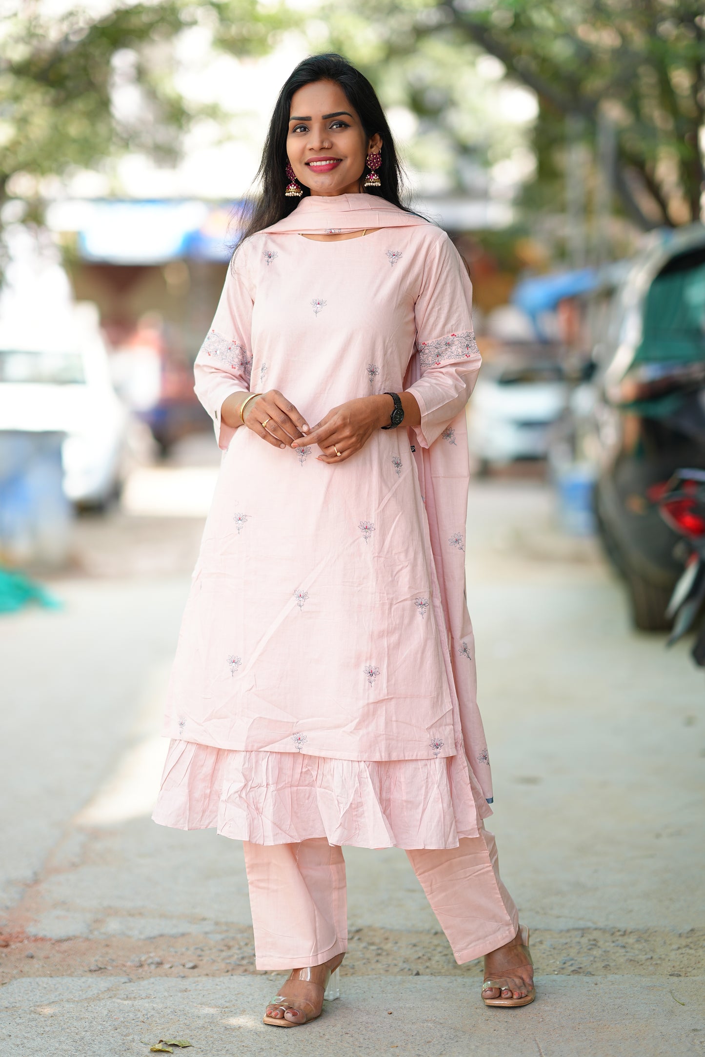 Pink Color Heavy Mul Cotton Designer 3 Piece Kurta Set