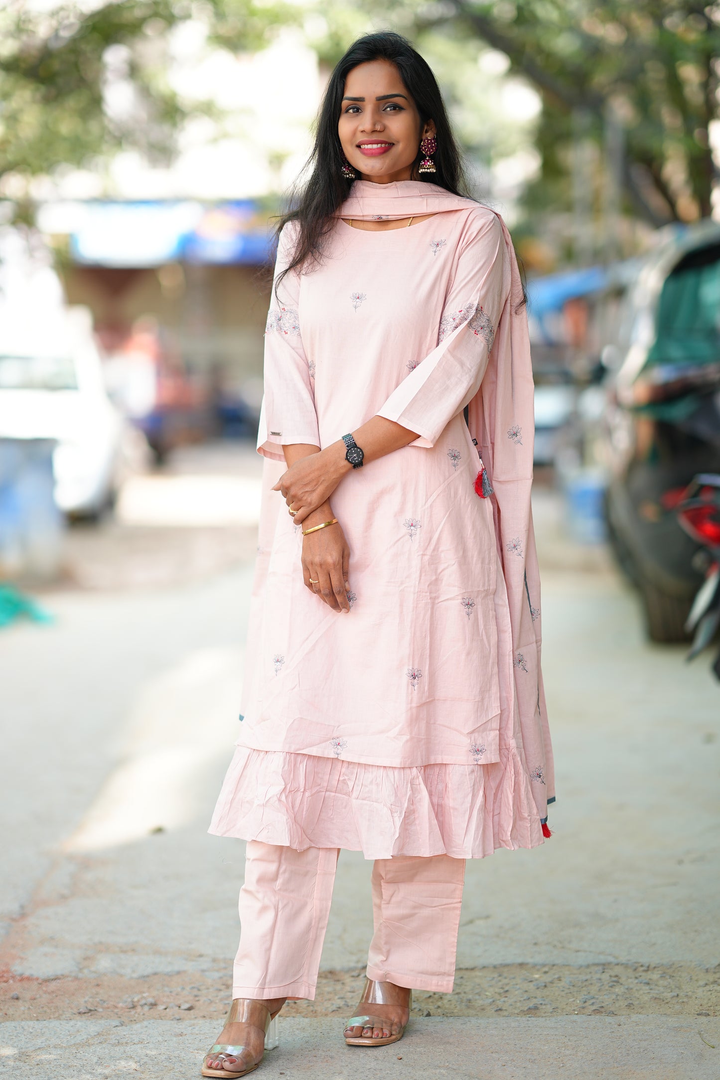 Pink Color Heavy Mul Cotton Designer 3 Piece Kurta Set