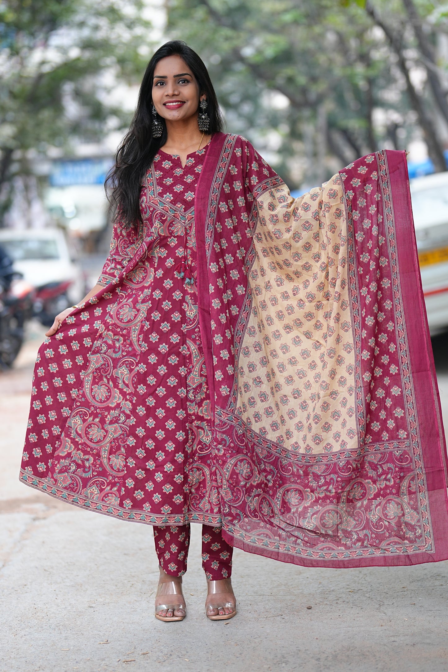 Red Color Jaipur Cotton Anarkali 3 Piece Set