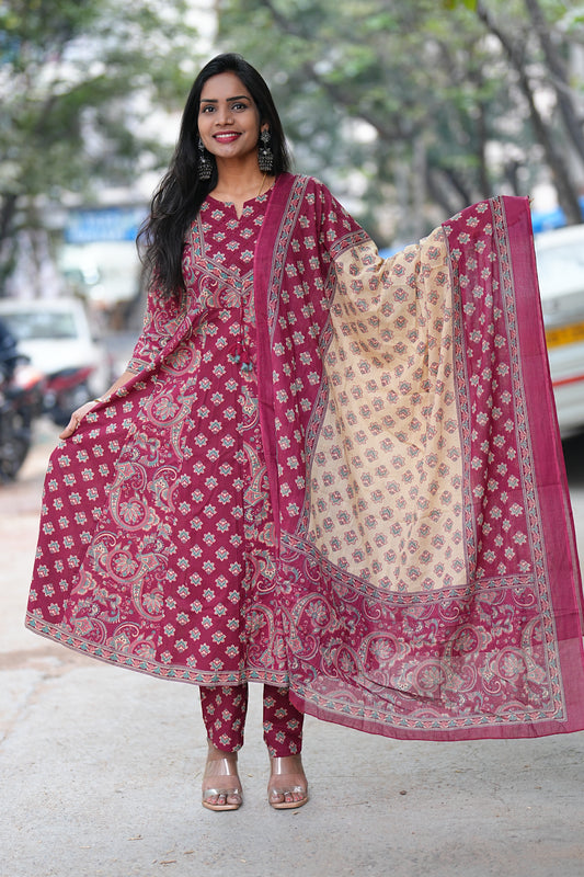 Red Color Jaipur Cotton Anarkali 3 Piece Set