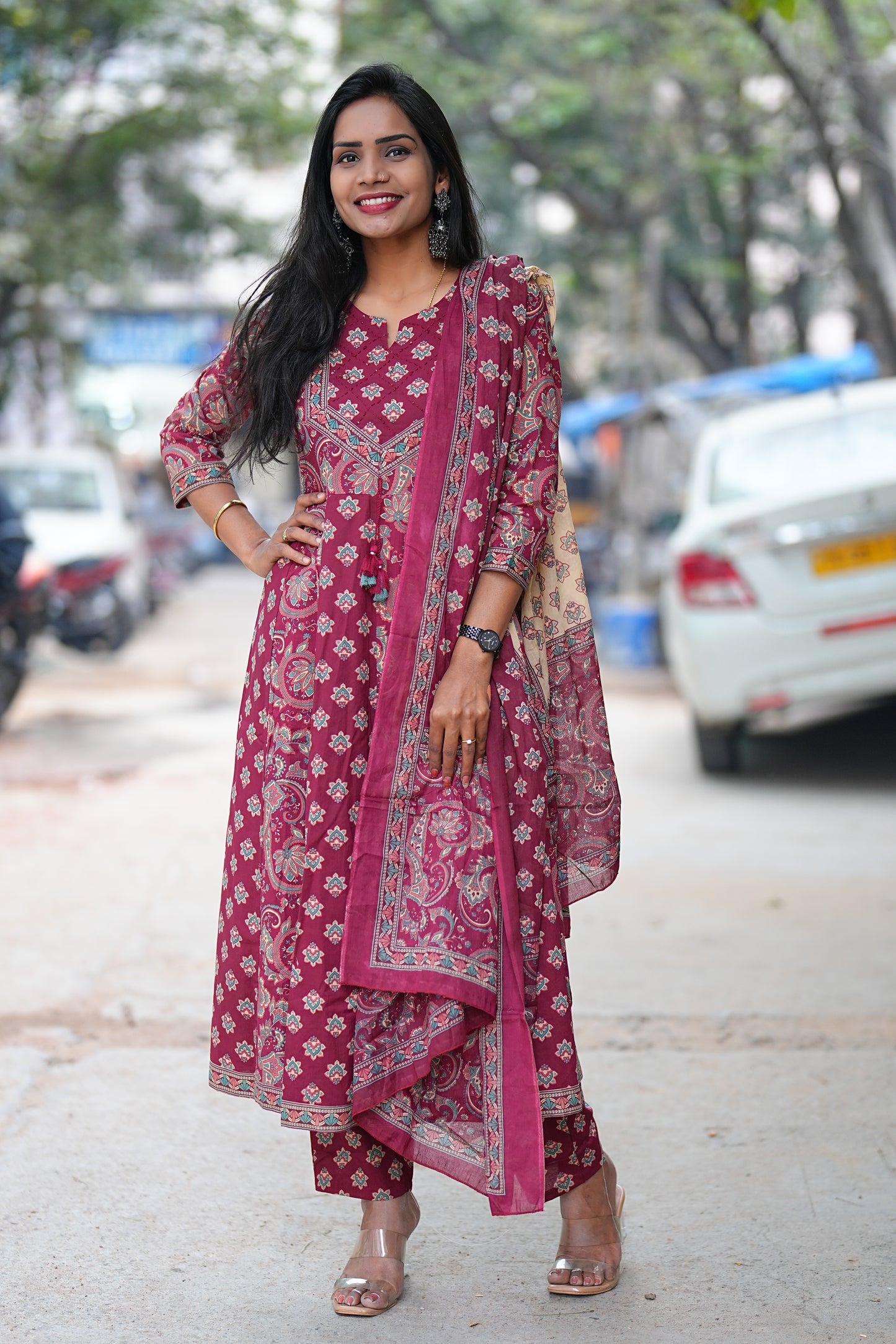 Red Color Jaipur Cotton Anarkali 3 Piece Set