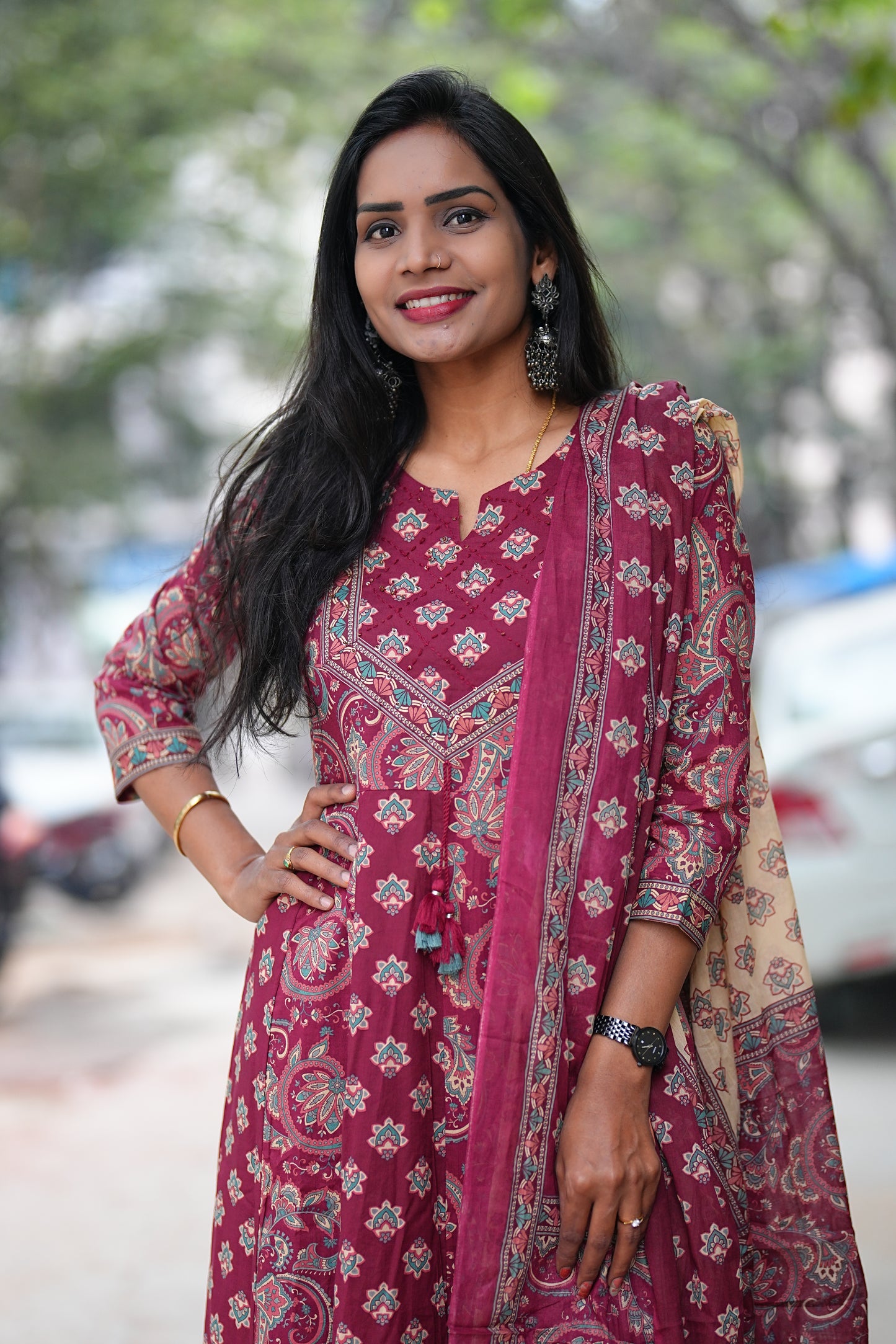 Red Color Jaipur Cotton Anarkali 3 Piece Set