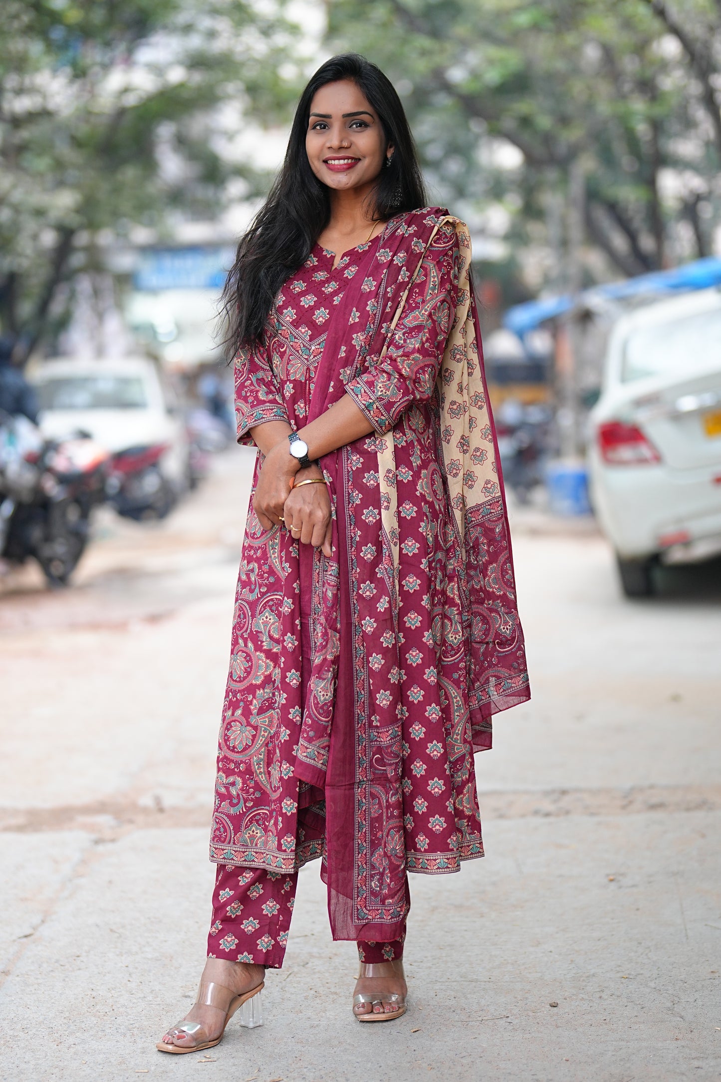 Red Color Jaipur Cotton Anarkali 3 Piece Set
