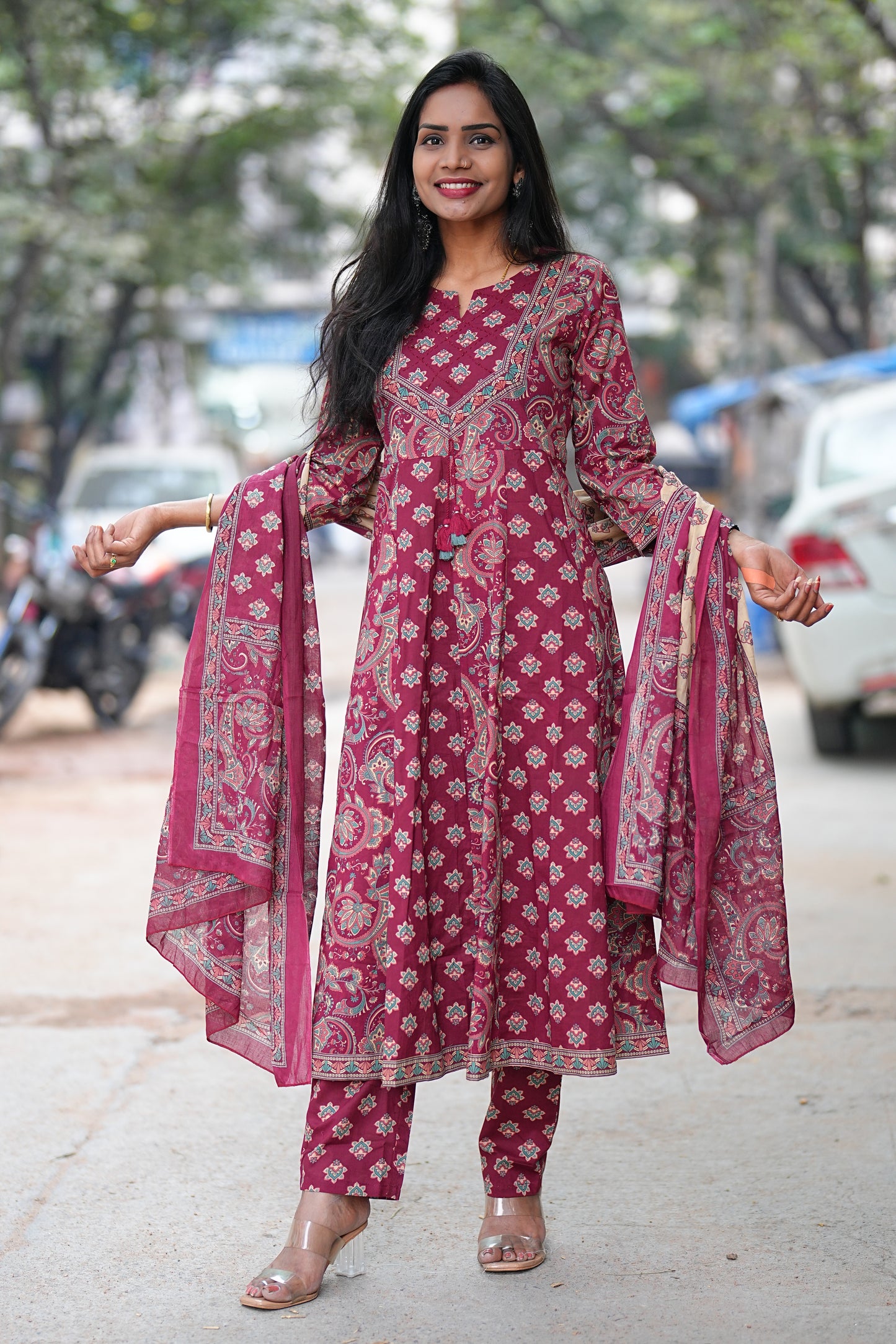 Red Color Jaipur Cotton Anarkali 3 Piece Set