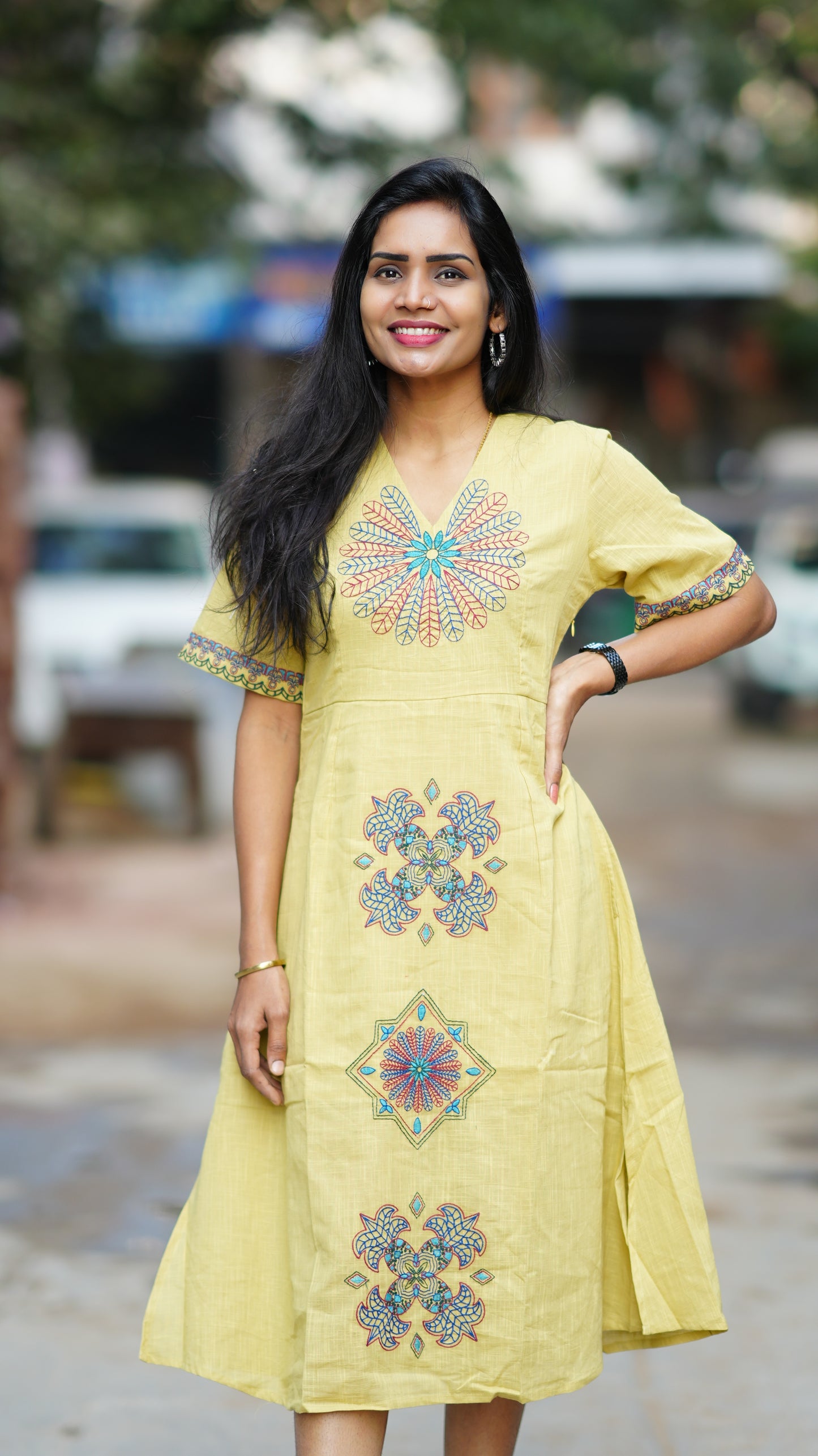 Lemon Yellow  Premium Mul Cotton Frock With Hand Embroidery and Complete Lining