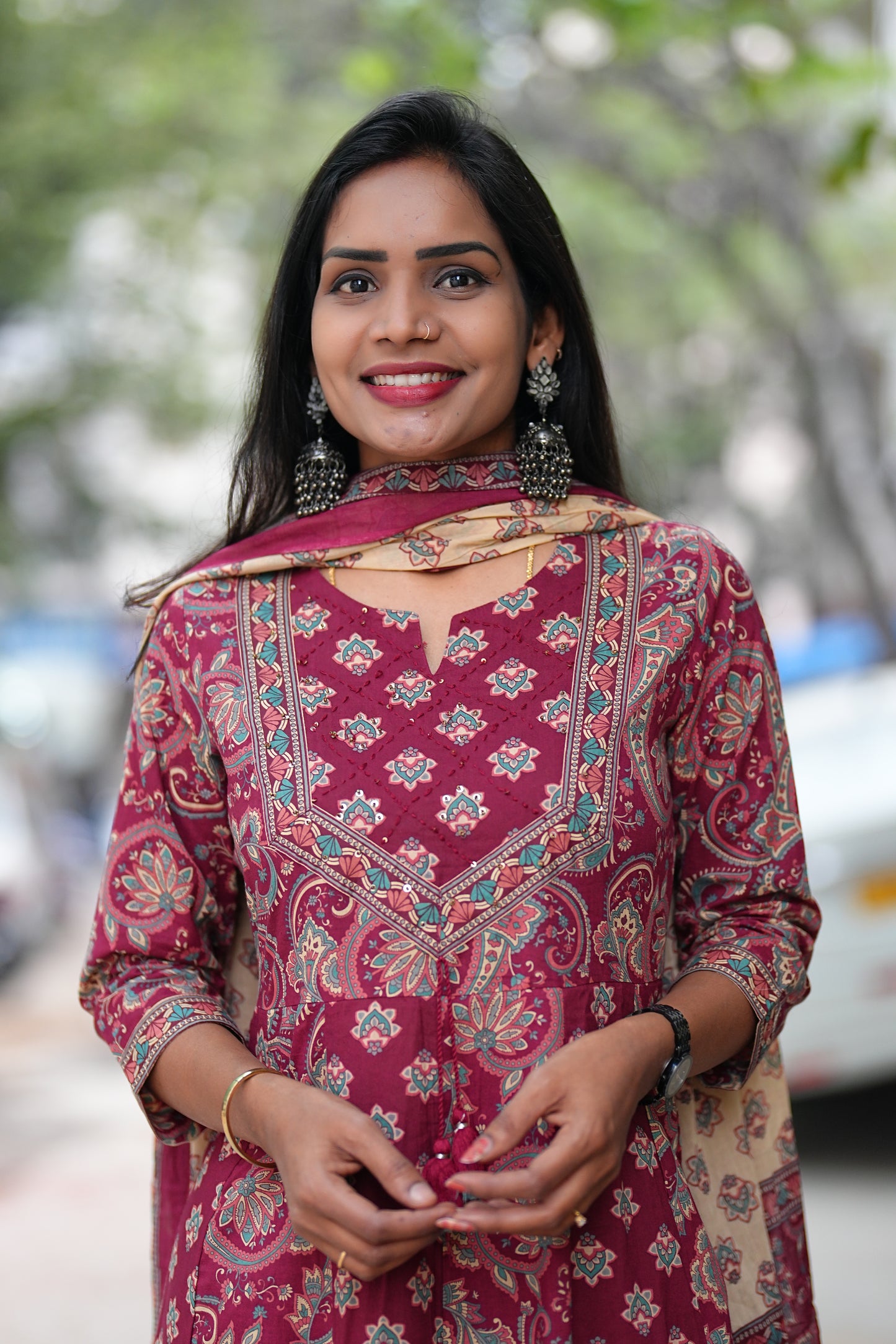 Red Color Jaipur Cotton Anarkali 3 Piece Set