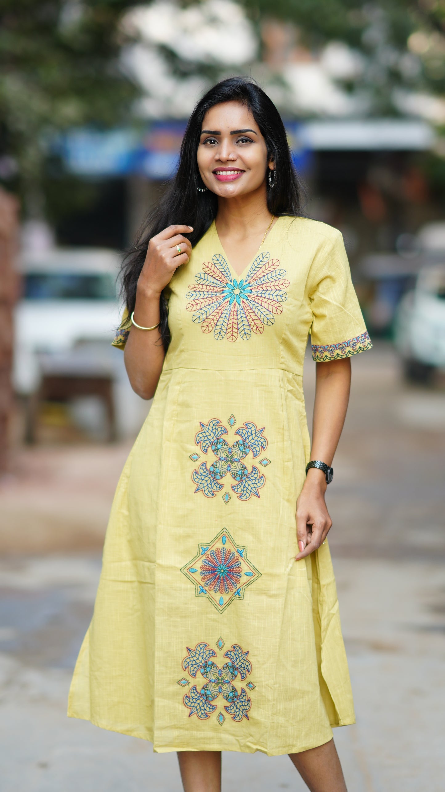 Lemon Yellow  Premium Mul Cotton Frock With Hand Embroidery and Complete Lining