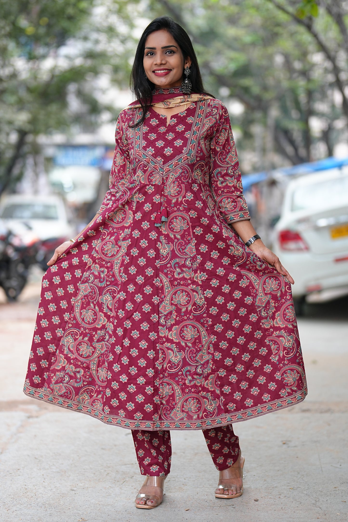 Red Color Jaipur Cotton Anarkali 3 Piece Set
