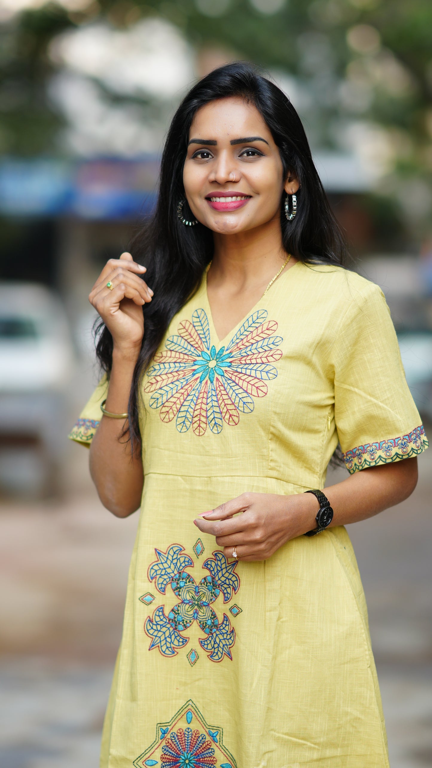 Lemon Yellow  Premium Mul Cotton Frock With Hand Embroidery and Complete Lining