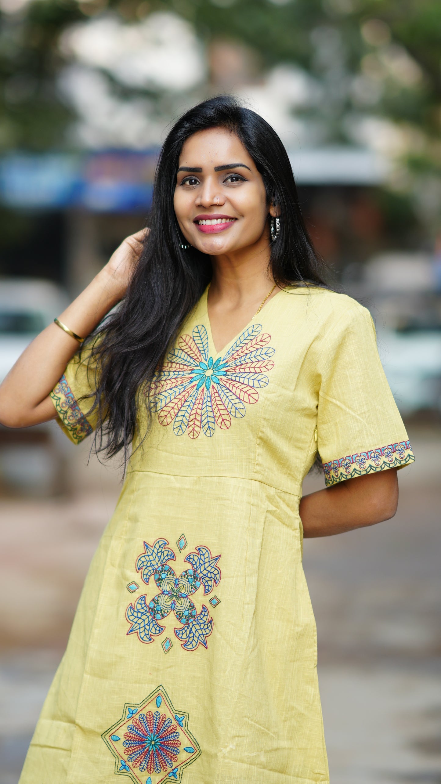 Lemon Yellow  Premium Mul Cotton Frock With Hand Embroidery and Complete Lining
