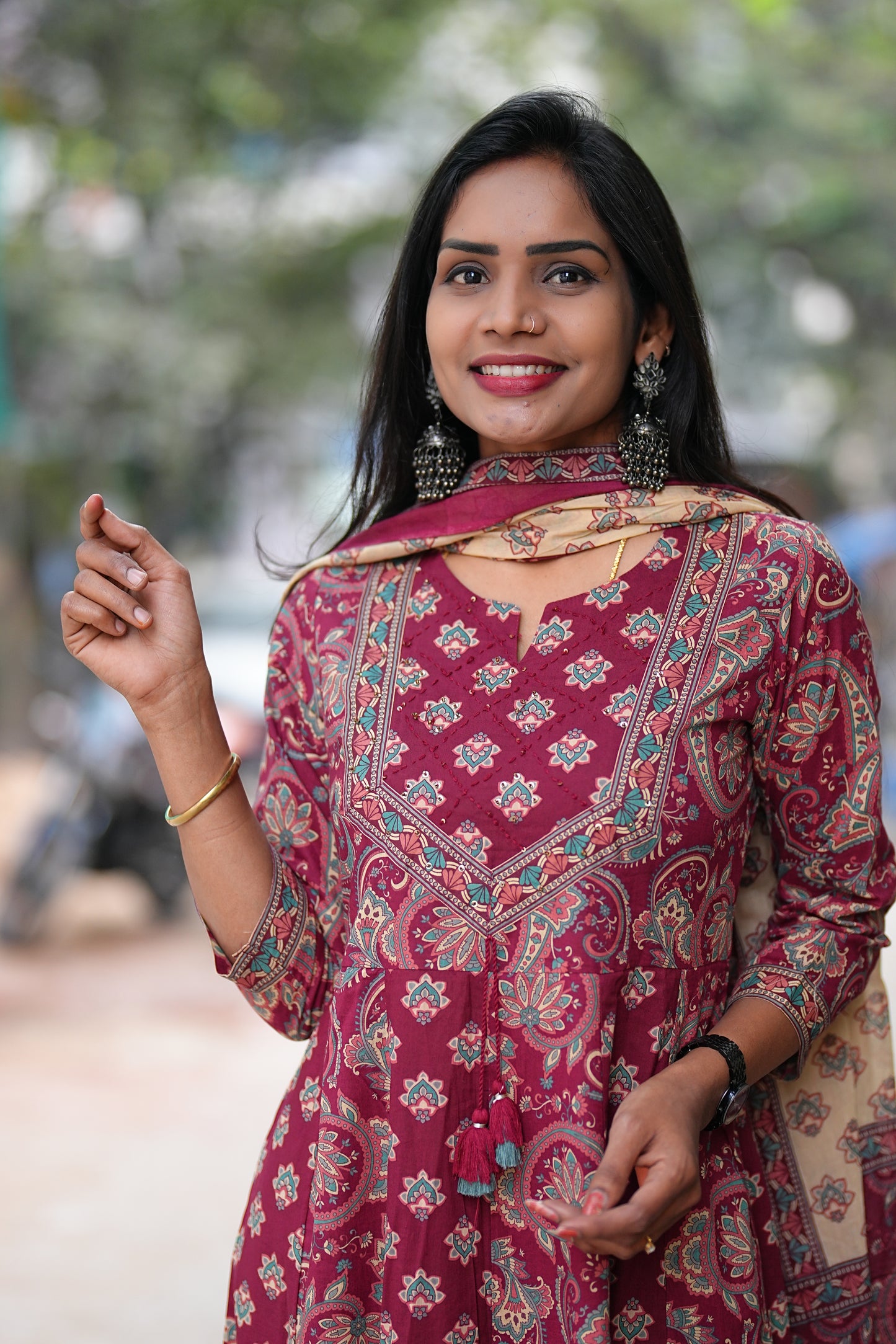 Red Color Jaipur Cotton Anarkali 3 Piece Set