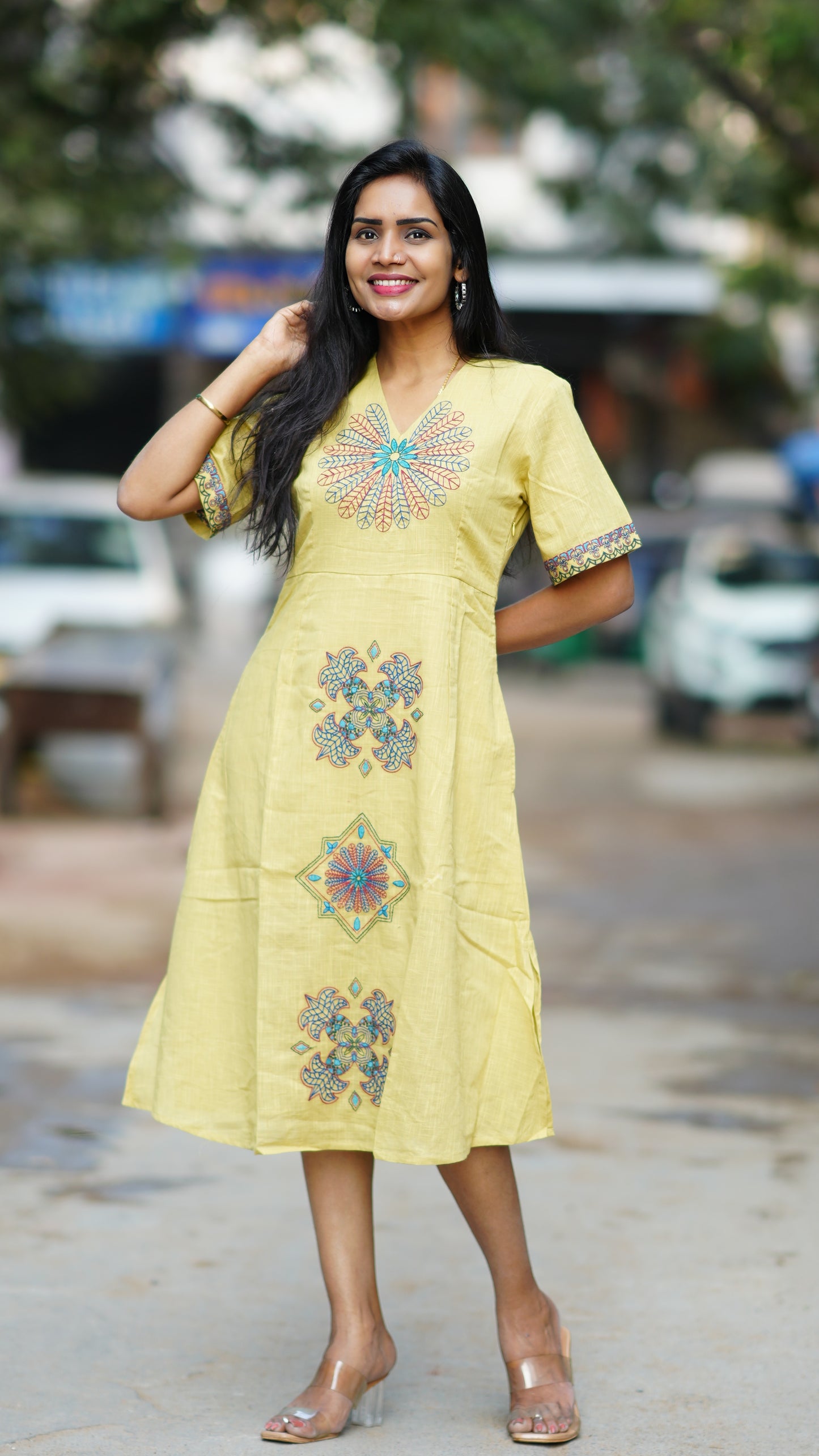 Lemon Yellow  Premium Mul Cotton Frock With Hand Embroidery and Complete Lining