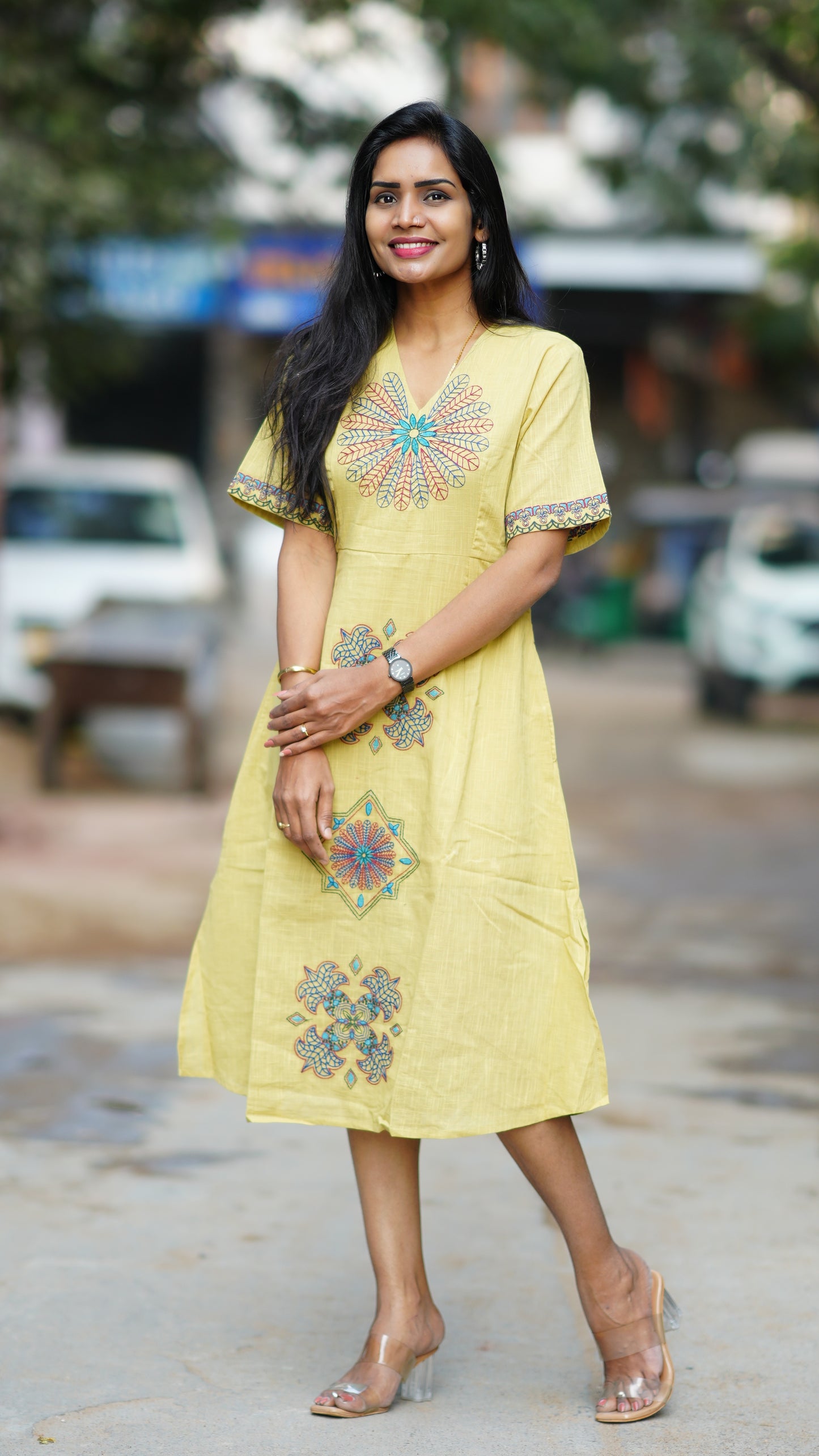 Lemon Yellow  Premium Mul Cotton Frock With Hand Embroidery and Complete Lining