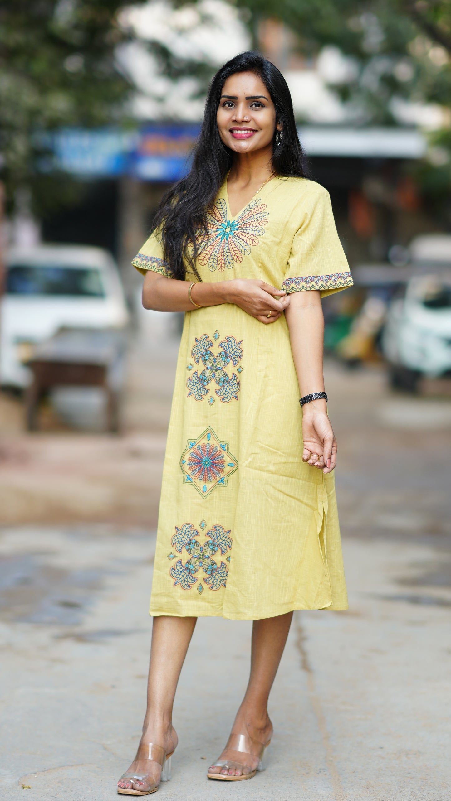 Lemon Yellow  Premium Mul Cotton Frock With Hand Embroidery and Complete Lining