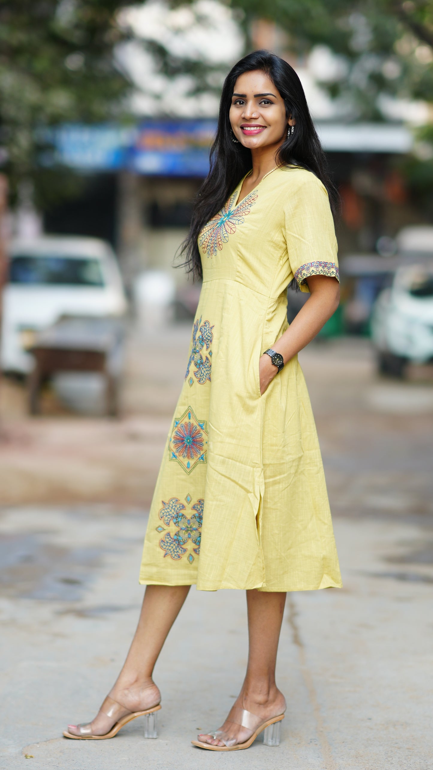 Lemon Yellow  Premium Mul Cotton Frock With Hand Embroidery and Complete Lining