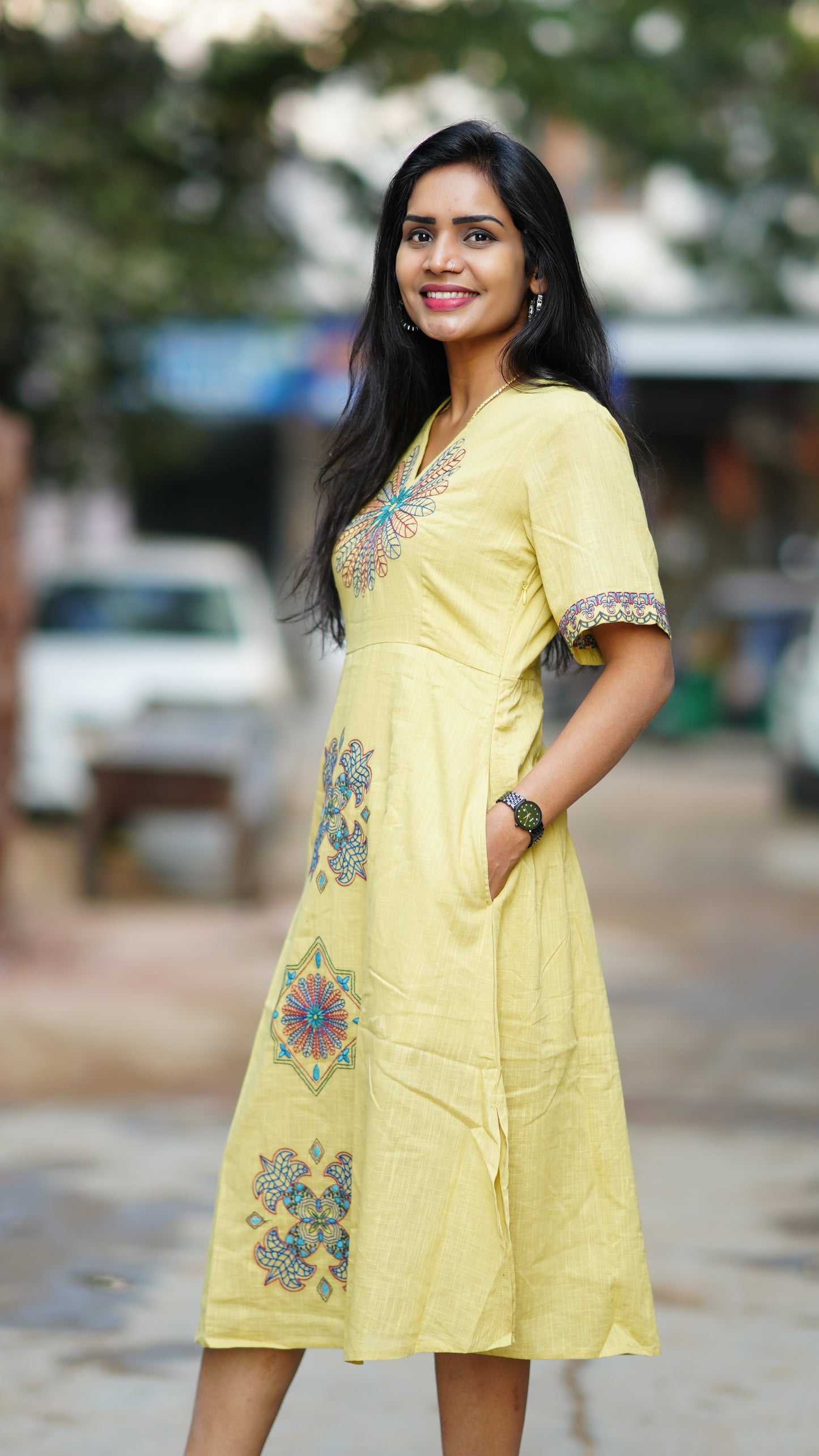 Lemon Yellow  Premium Mul Cotton Frock With Hand Embroidery and Complete Lining