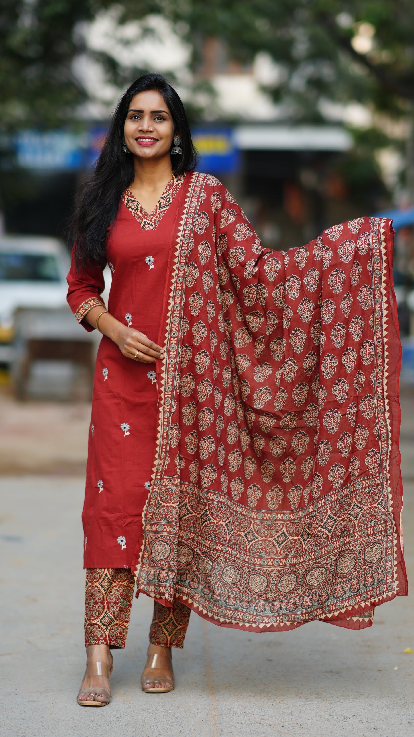 Red Color Jaipur Cotton 3 Piece Set With Embroidery Work and Complete Lining