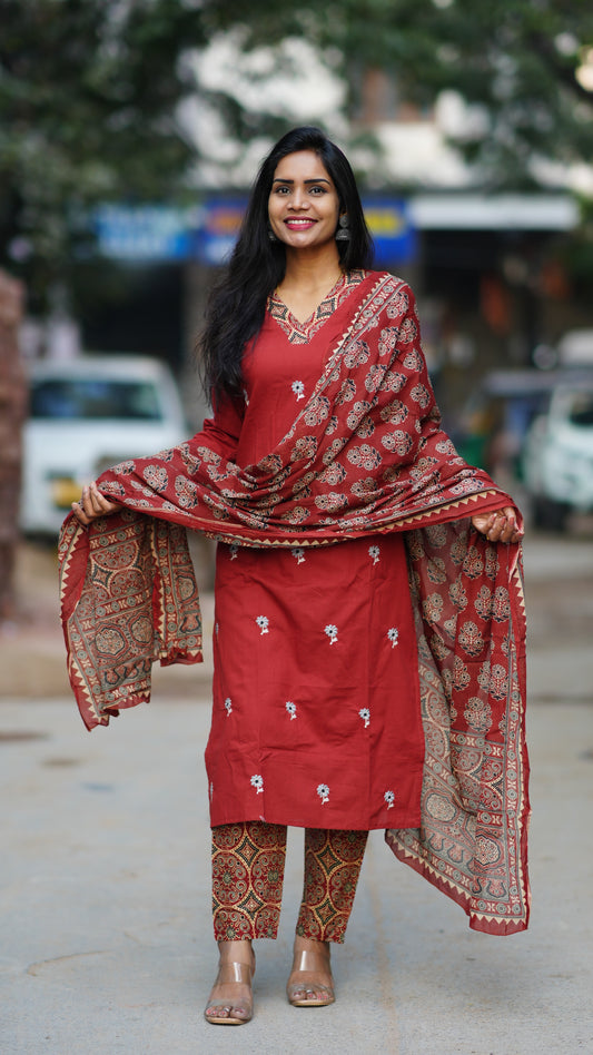 Red Color Jaipur Cotton 3 Piece Set With Embroidery Work and Complete Lining