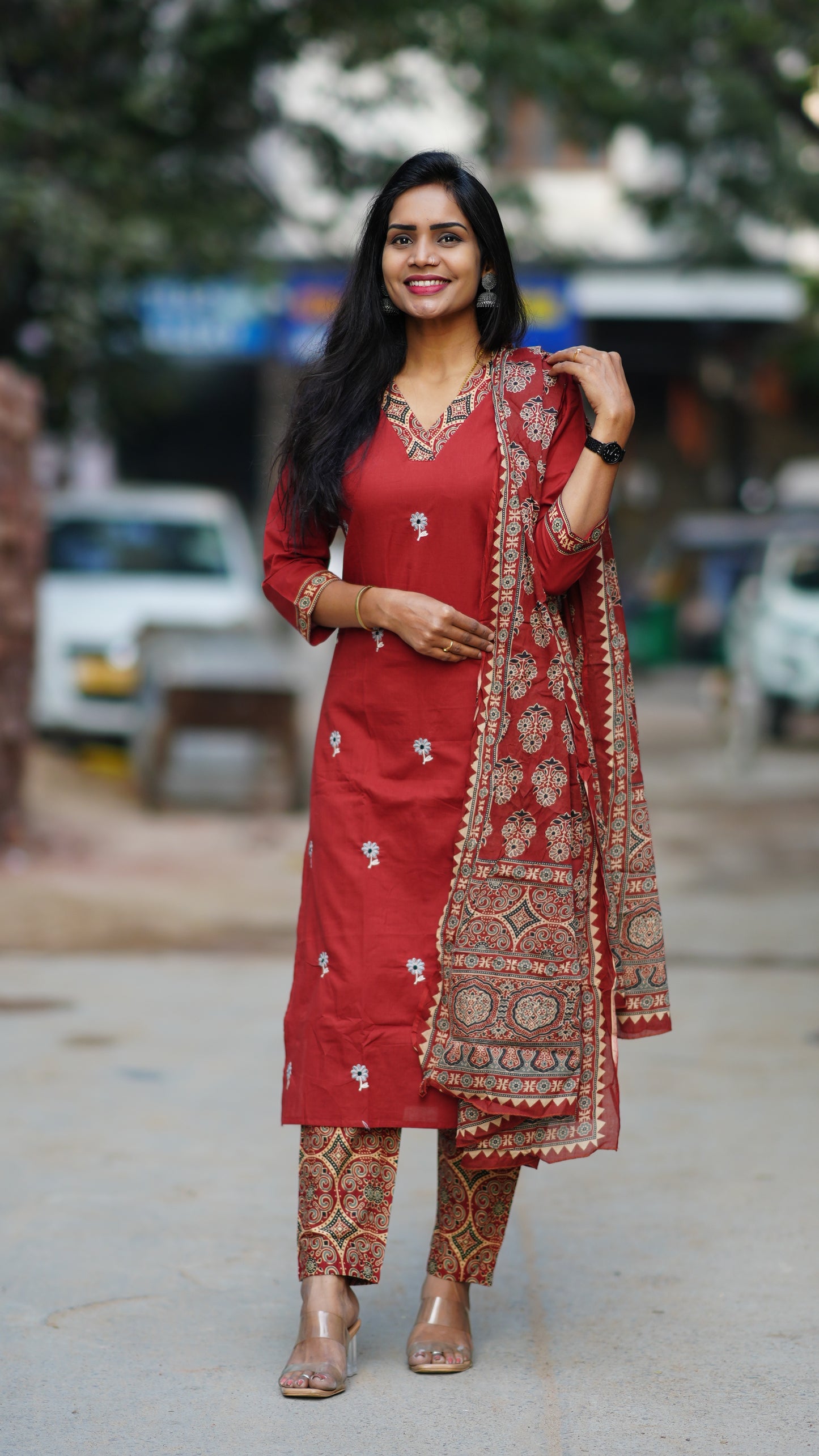 Red Color Jaipur Cotton 3 Piece Set With Embroidery Work and Complete Lining