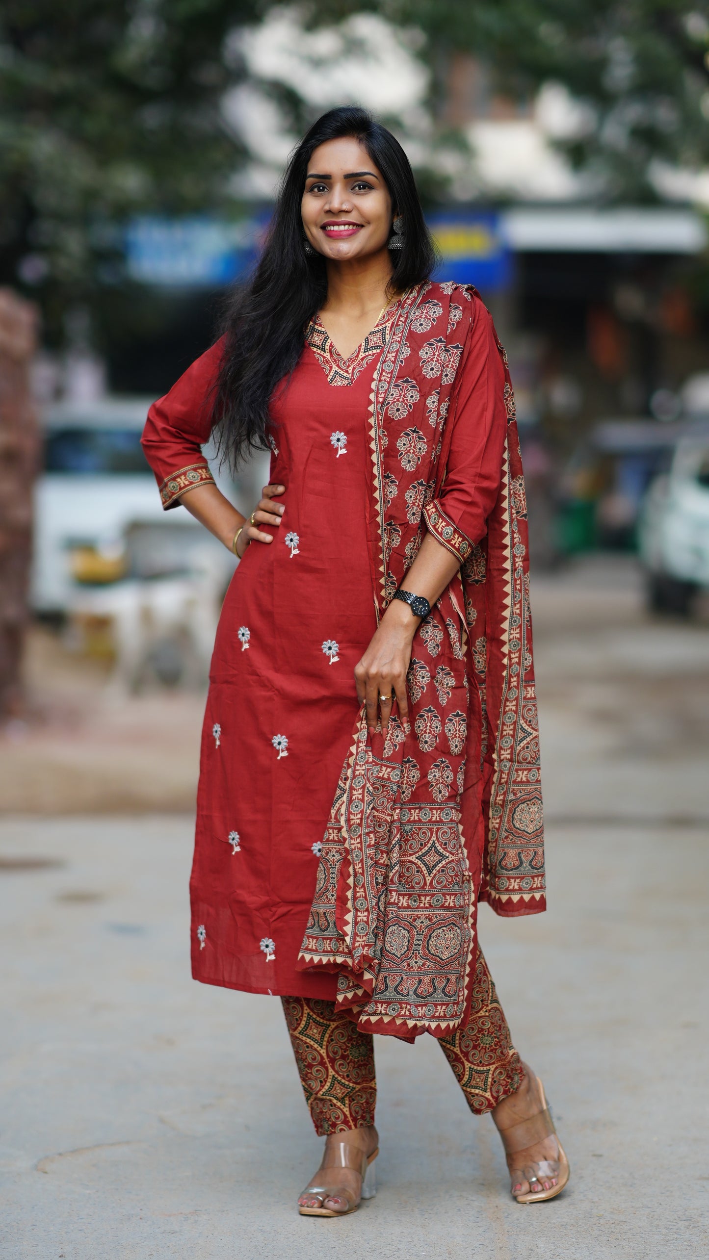 Red Color Jaipur Cotton 3 Piece Set With Embroidery Work and Complete Lining