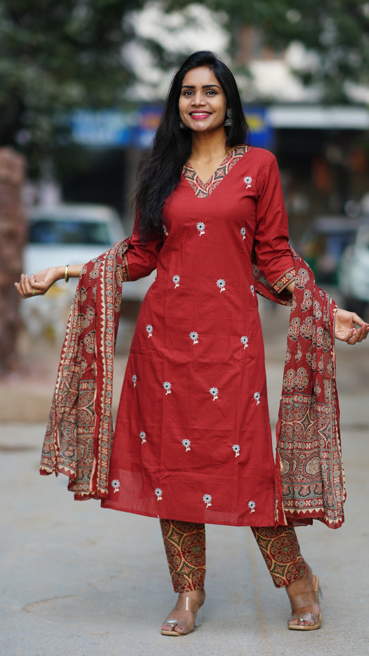 Red Color Jaipur Cotton 3 Piece Set With Embroidery Work and Complete Lining