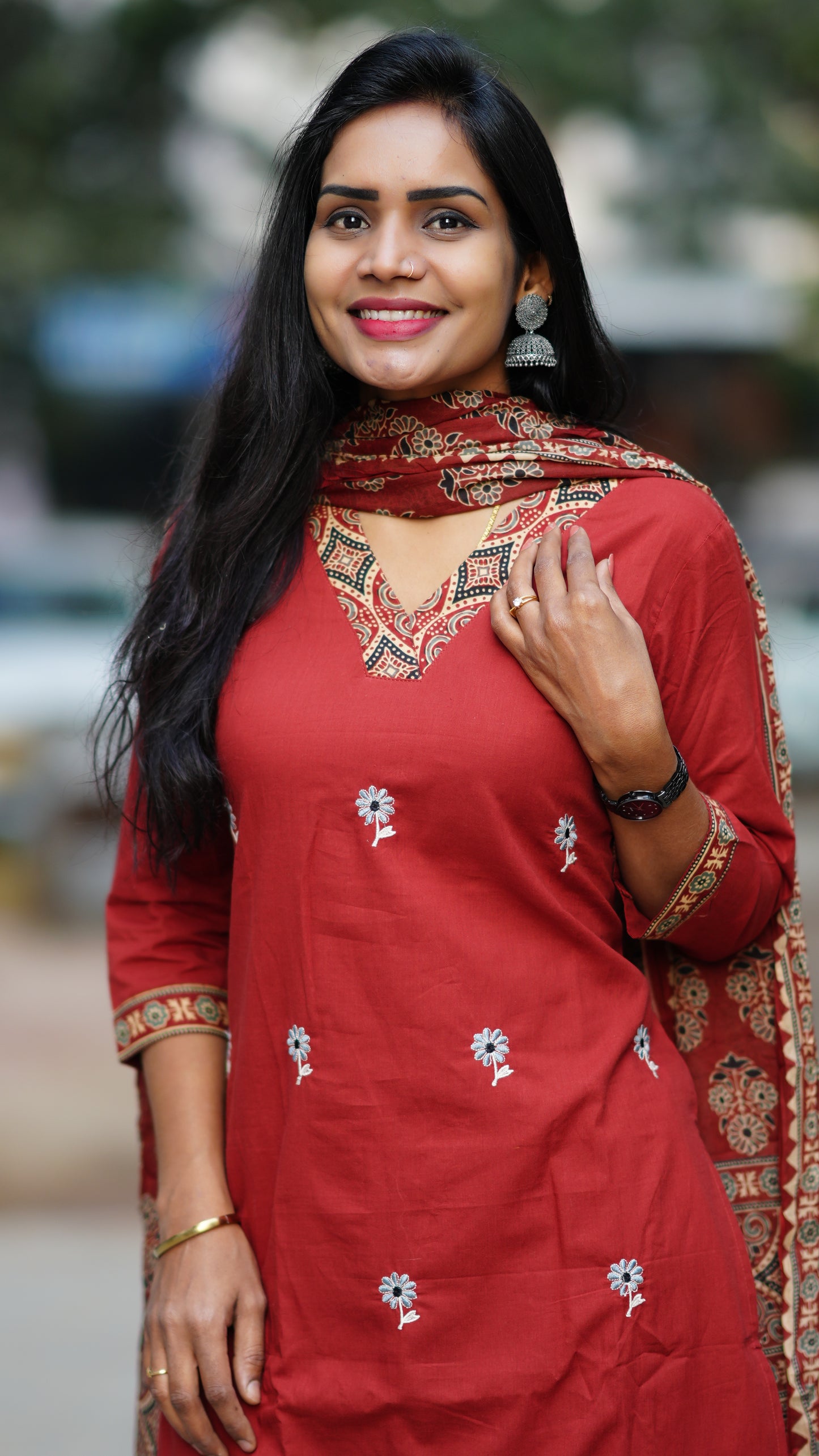 Red Color Jaipur Cotton 3 Piece Set With Embroidery Work and Complete Lining