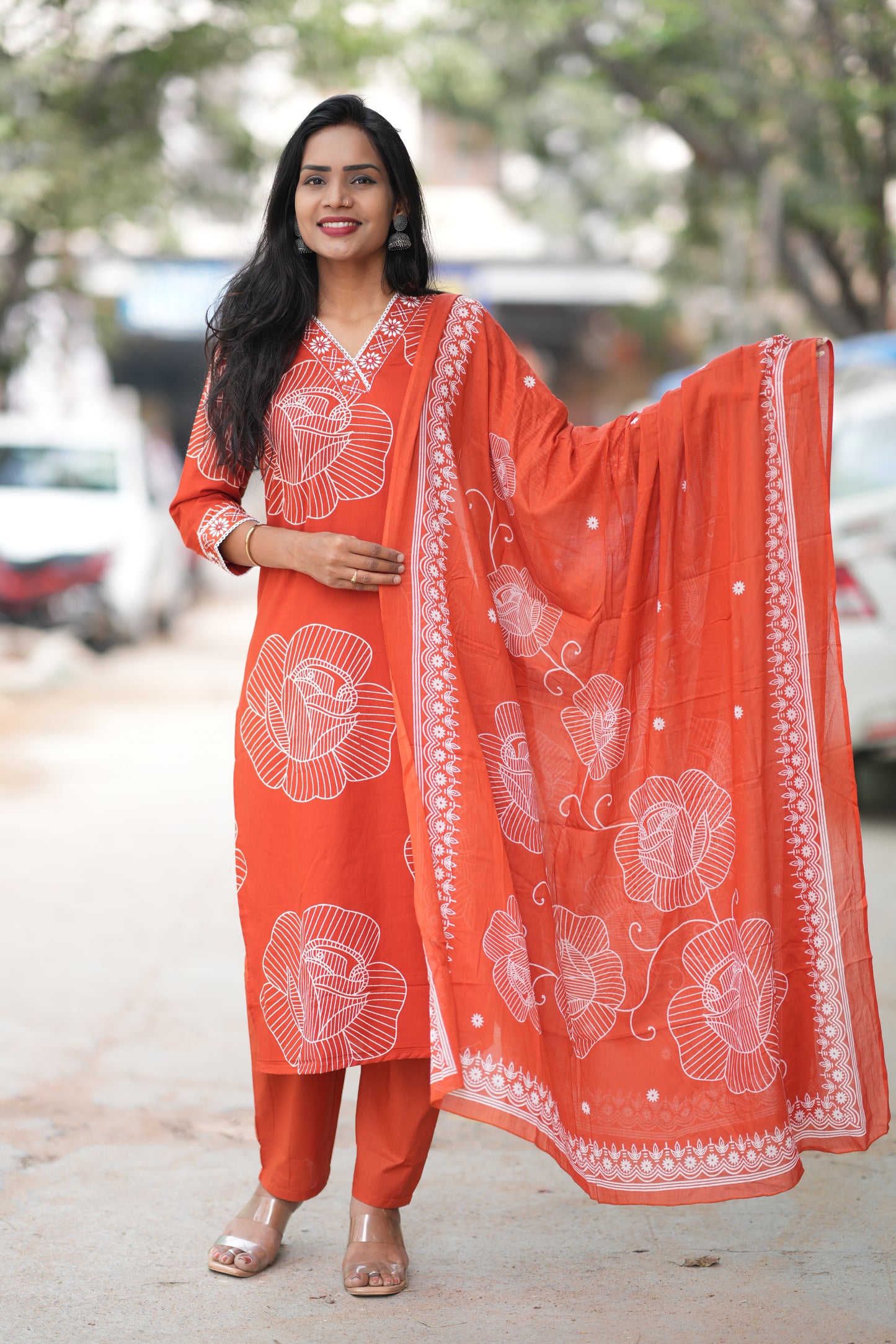 Rusty Orange Red Color Office Wear Jaipur Cotton 3 Piece Set With Complete Lining