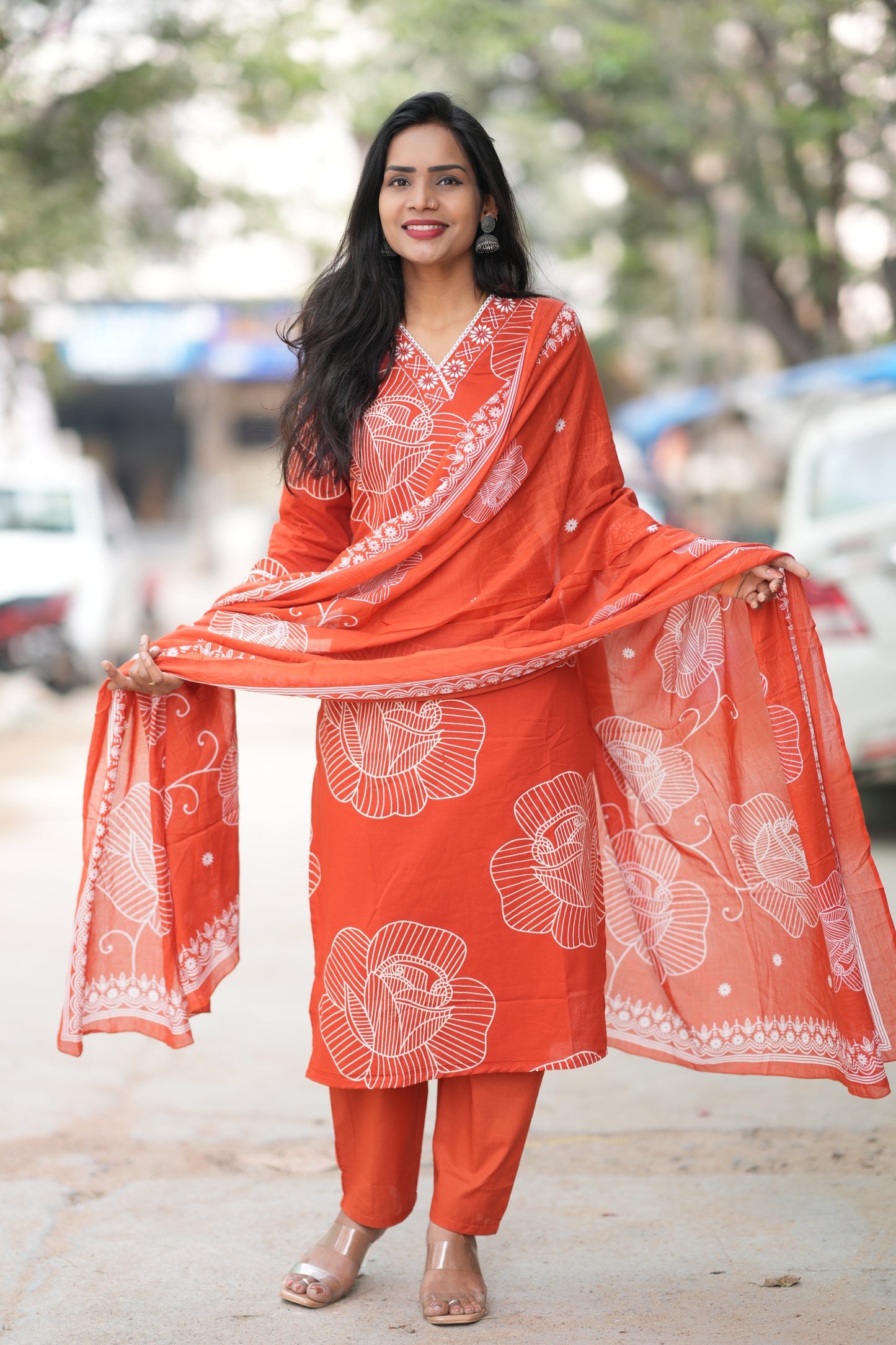 Rusty Orange Red Color Office Wear Jaipur Cotton 3 Piece Set With Complete Lining