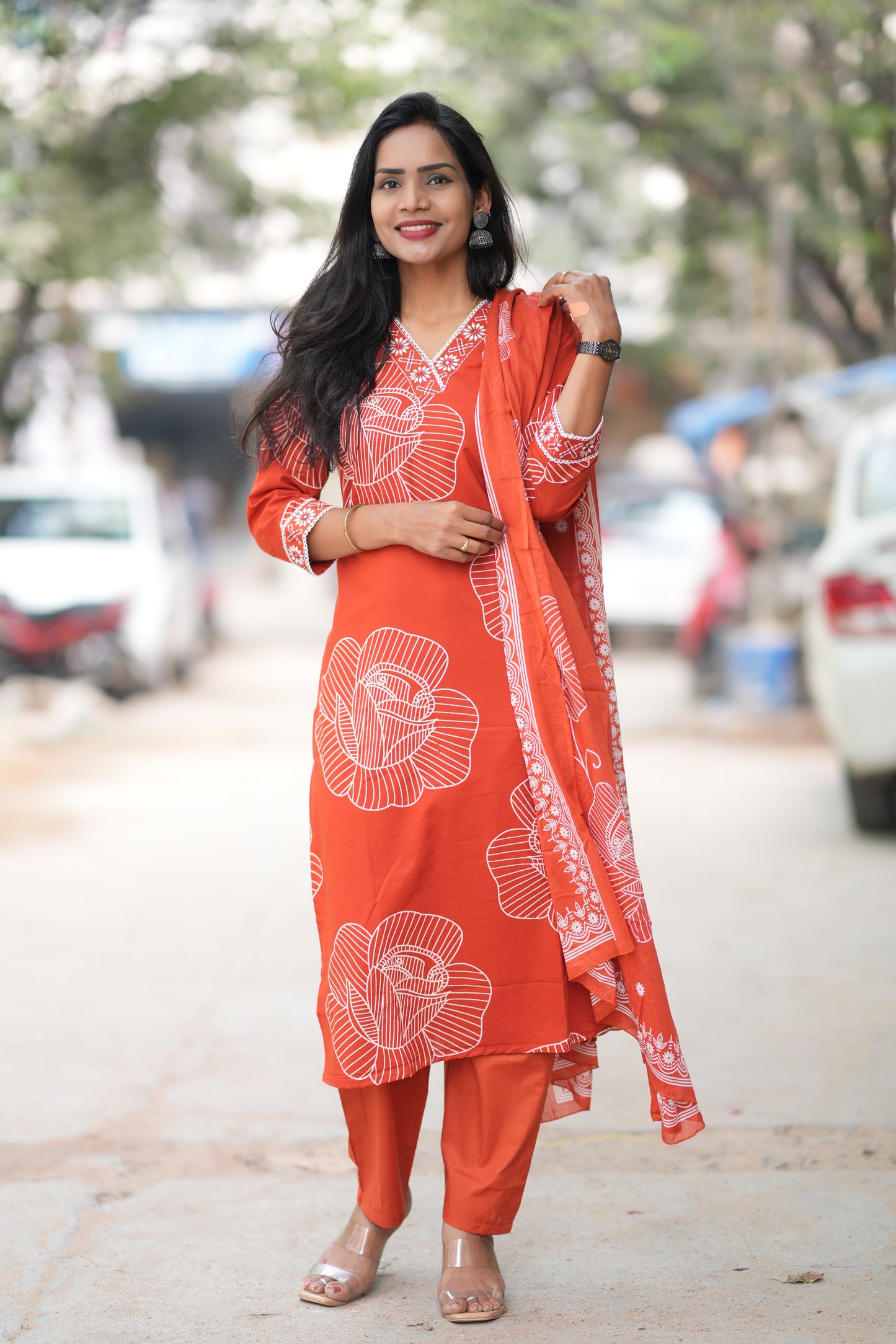 Rusty Orange Red Color Office Wear Jaipur Cotton 3 Piece Set With Complete Lining