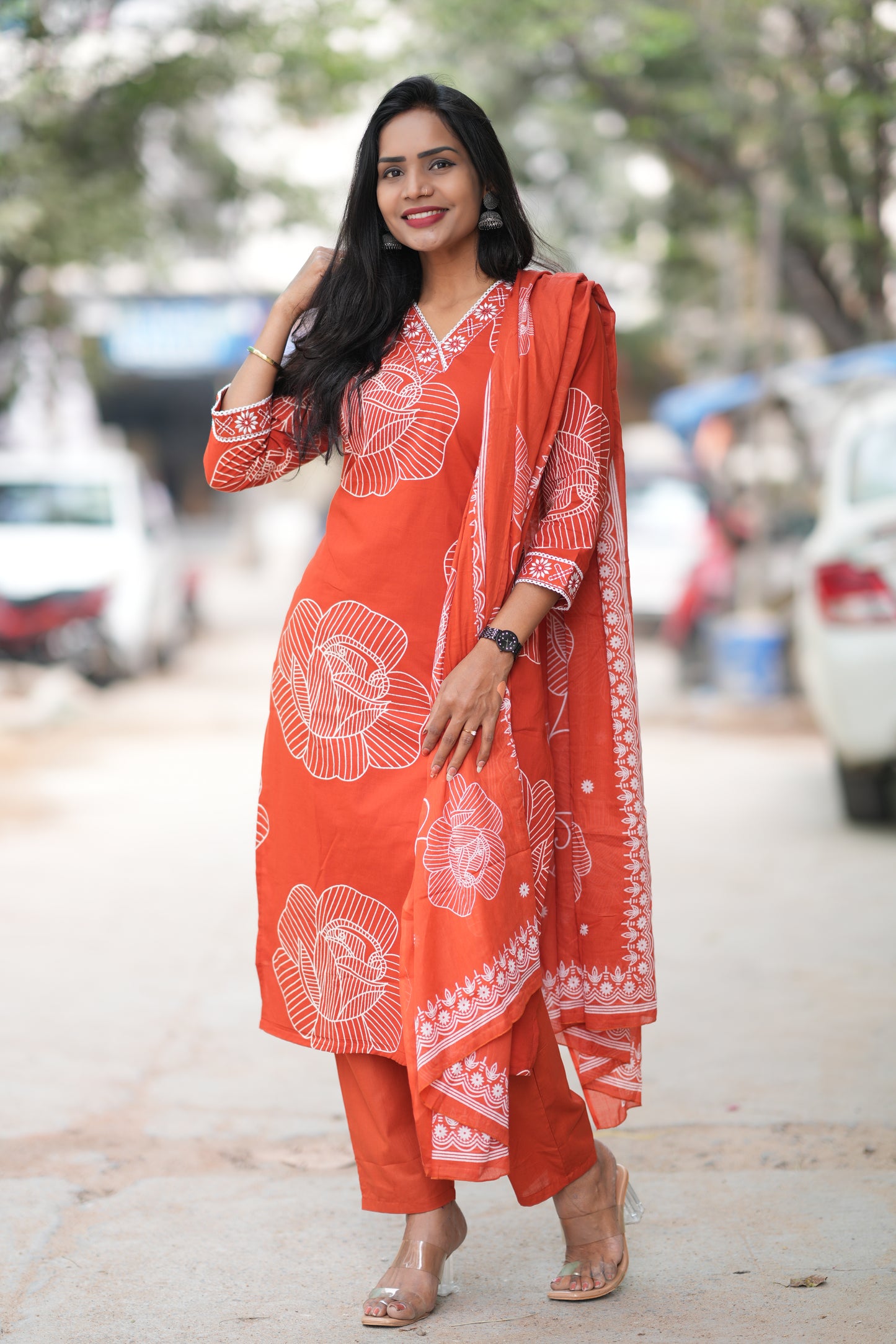 Rusty Orange Red Color Office Wear Jaipur Cotton 3 Piece Set With Complete Lining