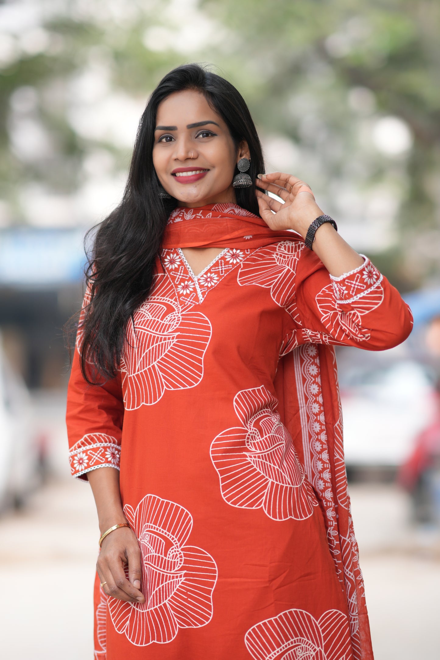 Rusty Orange Red Color Office Wear Jaipur Cotton 3 Piece Set With Complete Lining