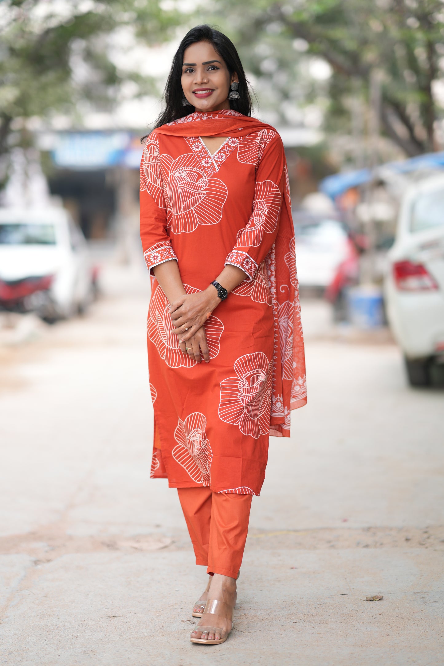 Rusty Orange Red Color Office Wear Jaipur Cotton 3 Piece Set With Complete Lining