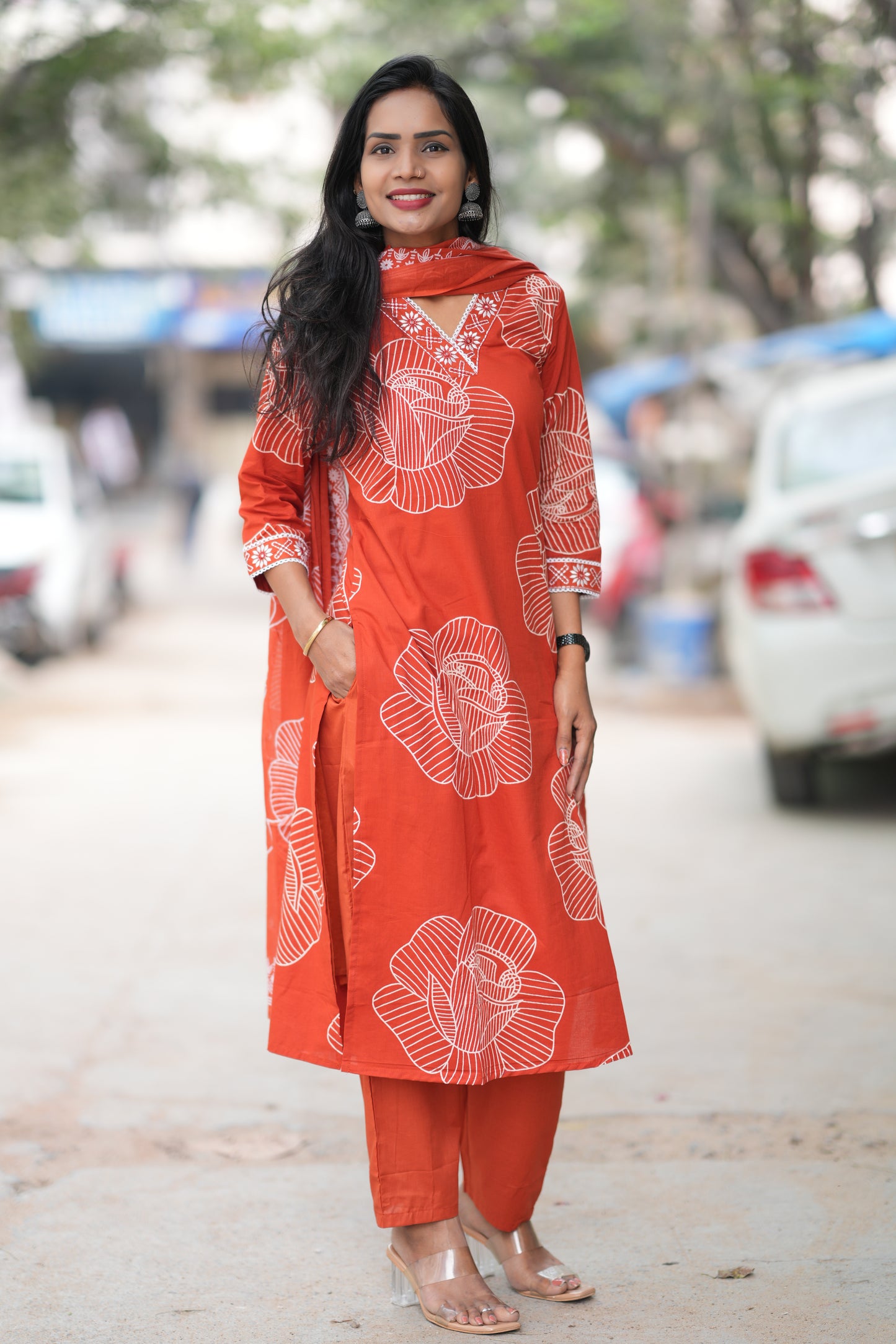 Rusty Orange Red Color Office Wear Jaipur Cotton 3 Piece Set With Complete Lining